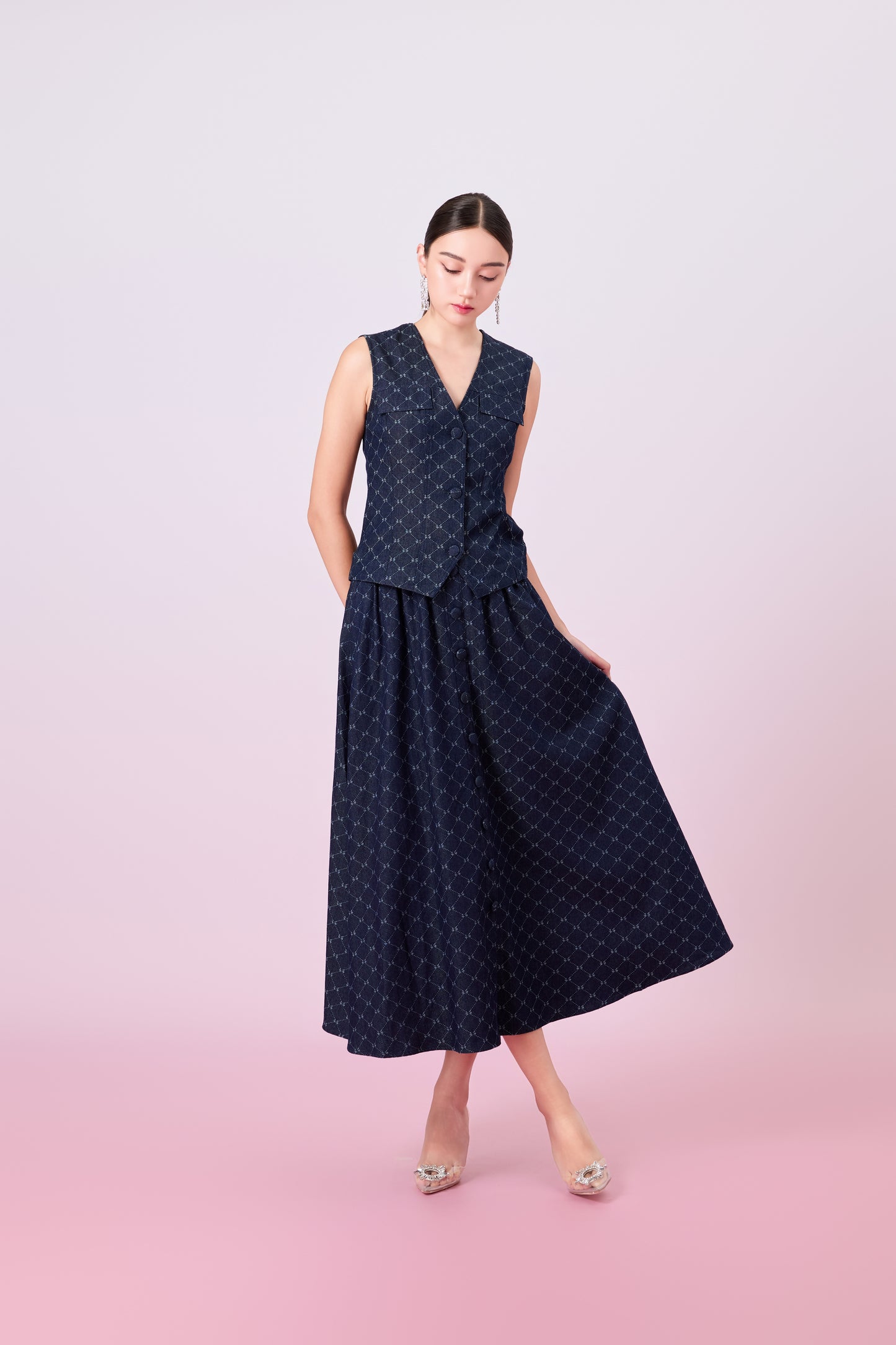 Joellen Dark Blue Button-Front A-Line Skirt