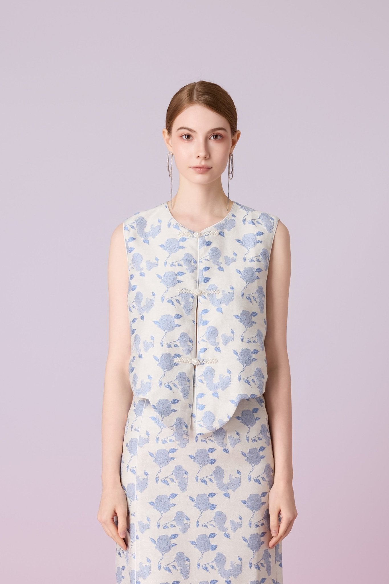 Jewel White With Rose Print Modern Cheongsam Vest - Nimisski