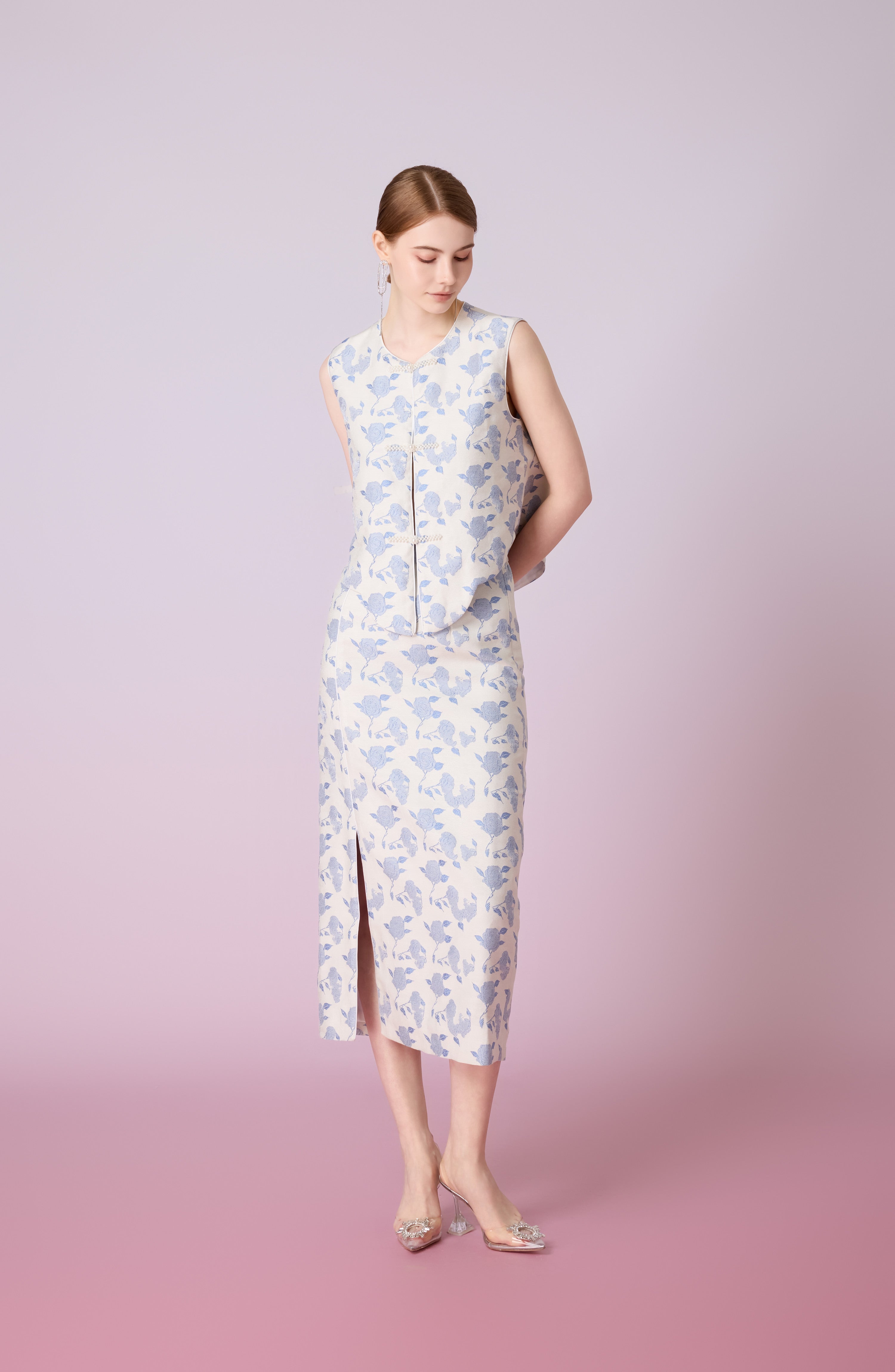 Jewel White With Rose Print Midi Skirt