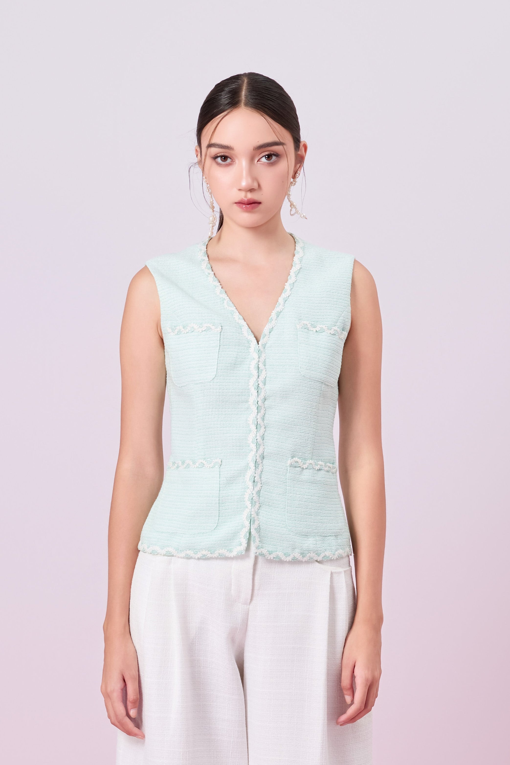 Jacquelin Light Green Tweed V-Neck Top
