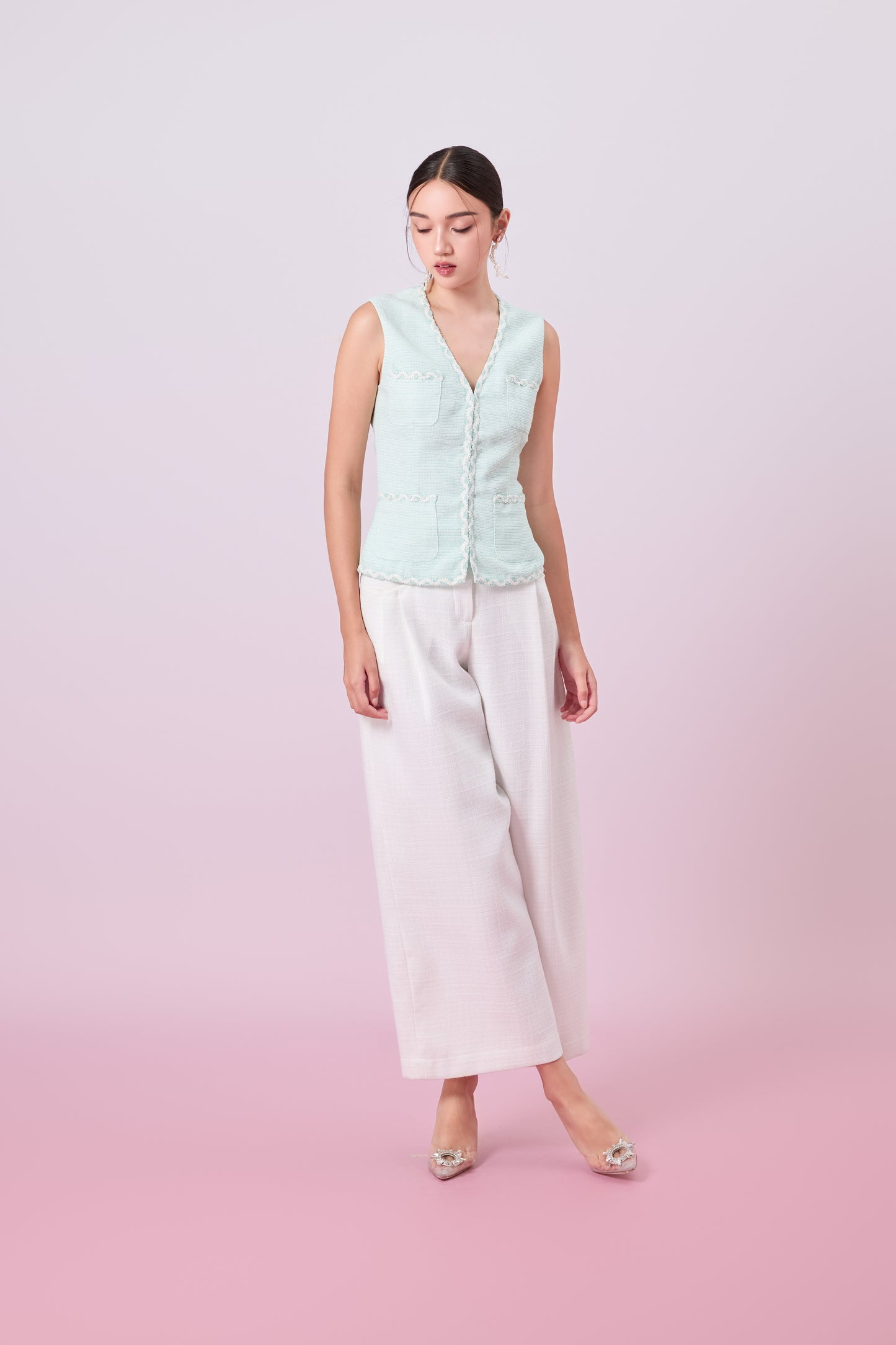 Jacquelin Light Green Tweed V-Neck Top