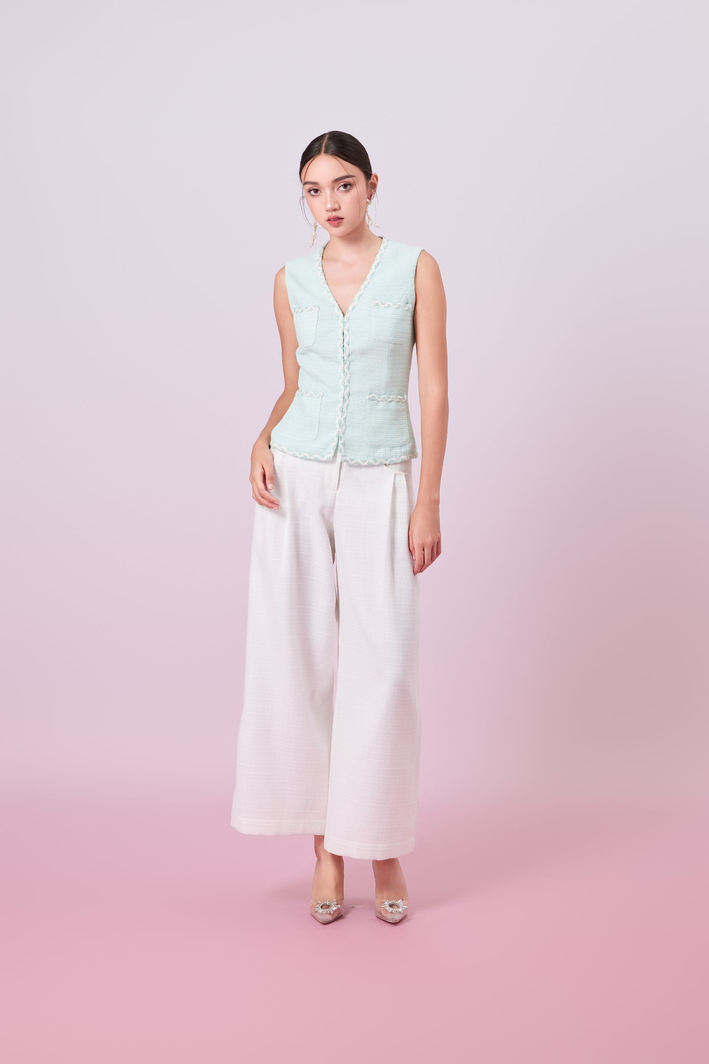Jacquelin Light Green Tweed V-Neck Top