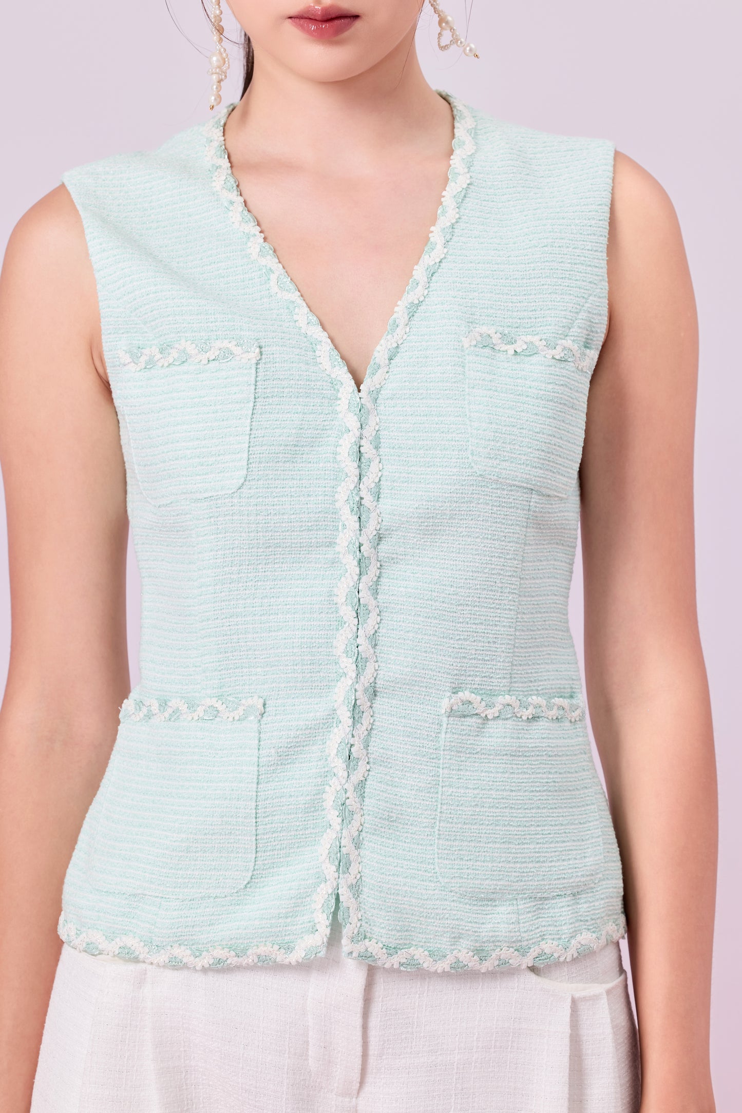 Jacquelin Light Green Tweed V-Neck Top