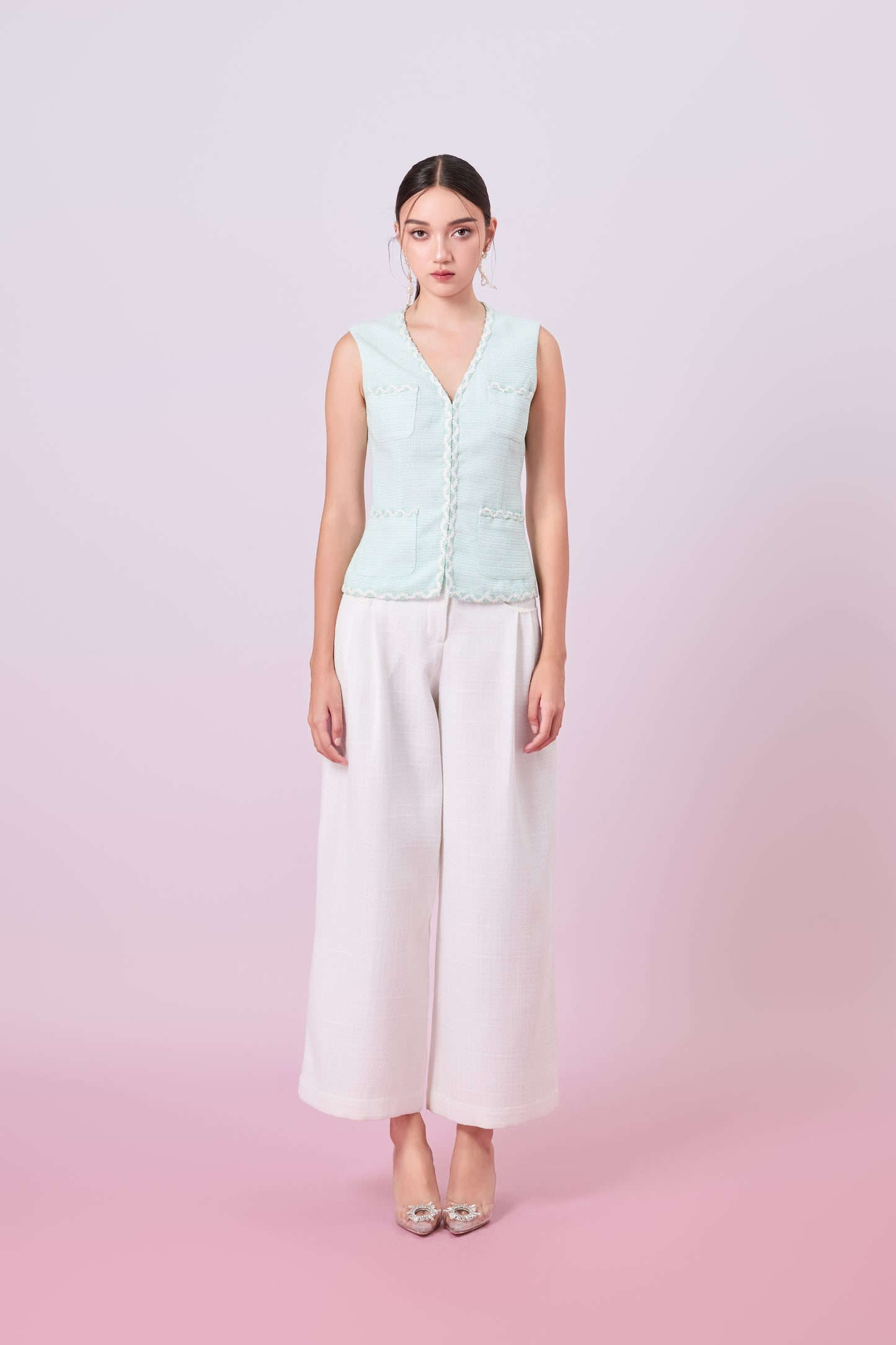 Jacquelin Light Green Tweed V-Neck Top