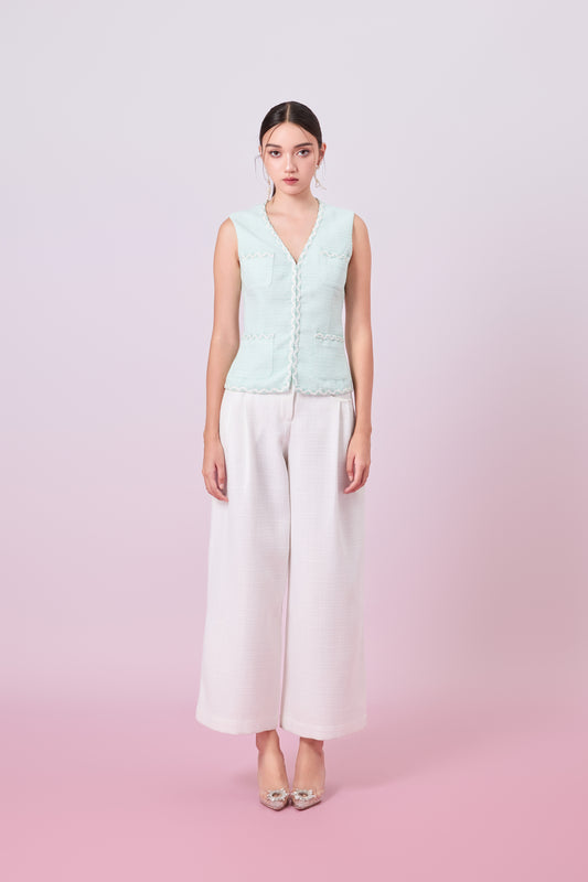 Jacquelin Light Green Tweed V-Neck Top