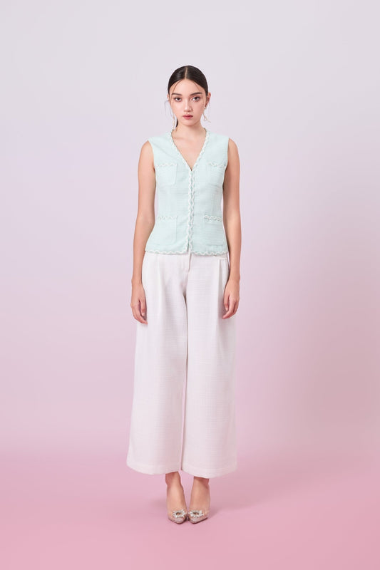 Jacquelin Light Green Tweed V - Neck Top - Nimisski