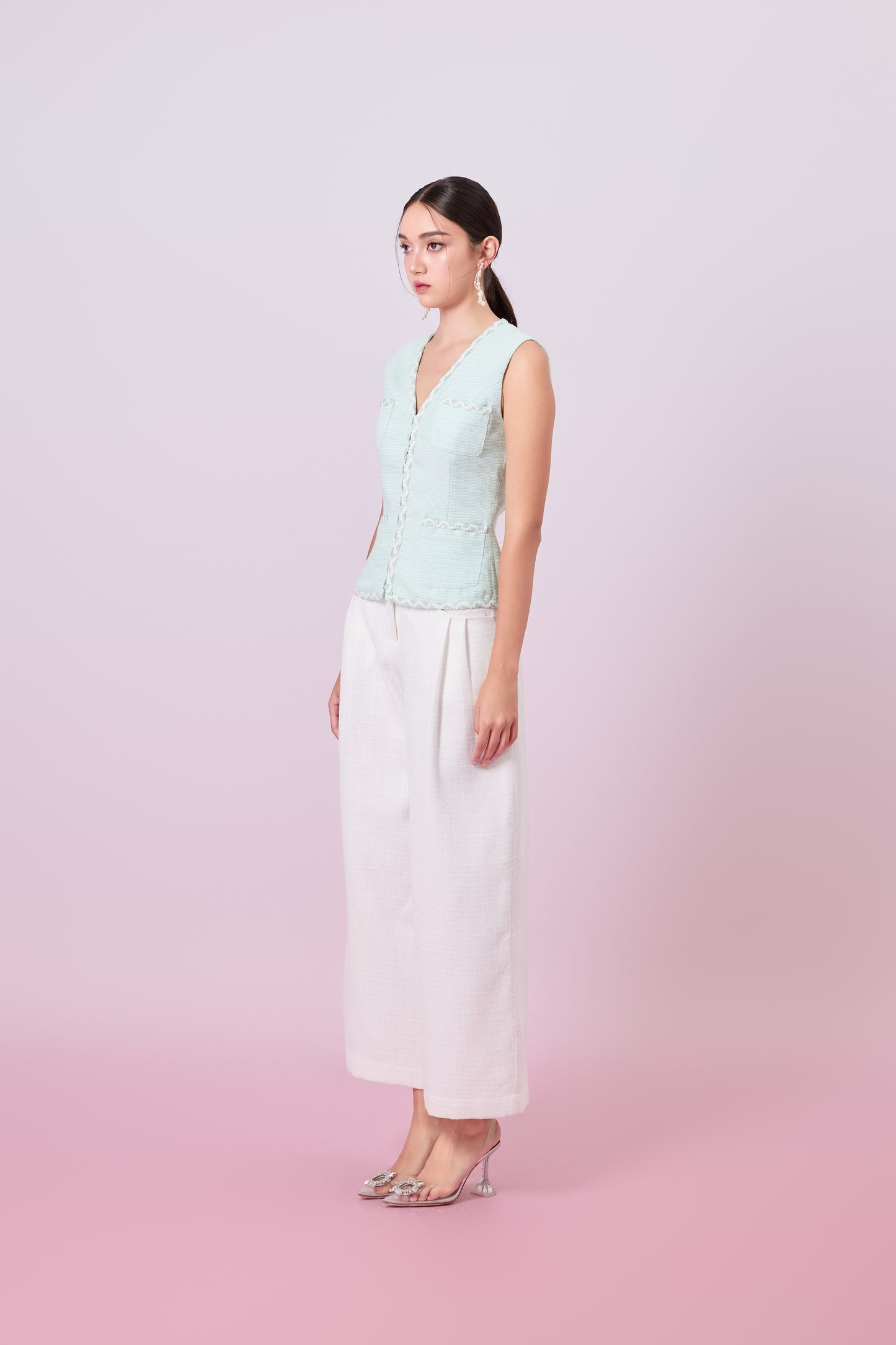 Jacquelin Light Green Tweed V-Neck Top