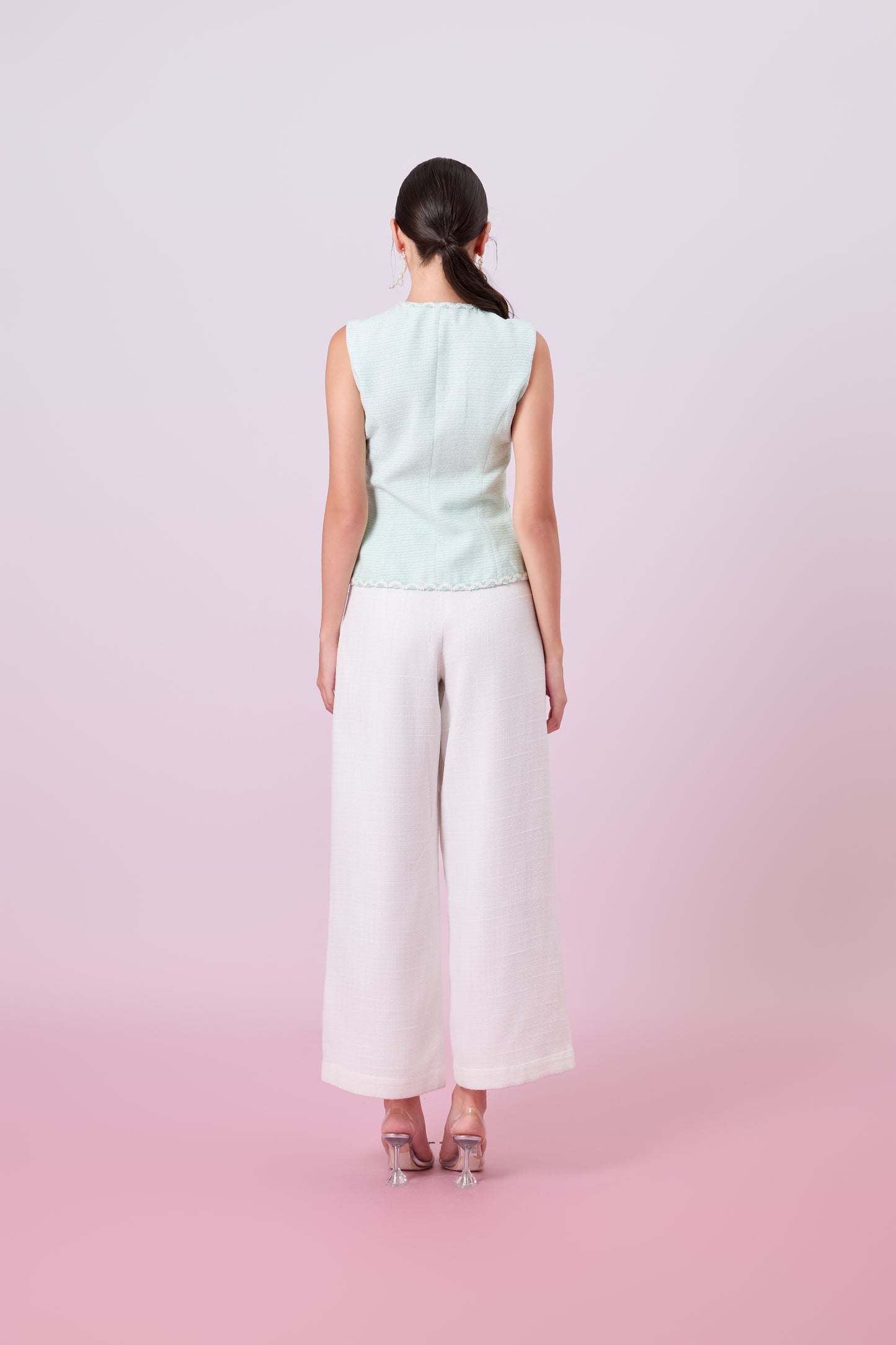 Jacquelin Light Green Tweed V-Neck Top