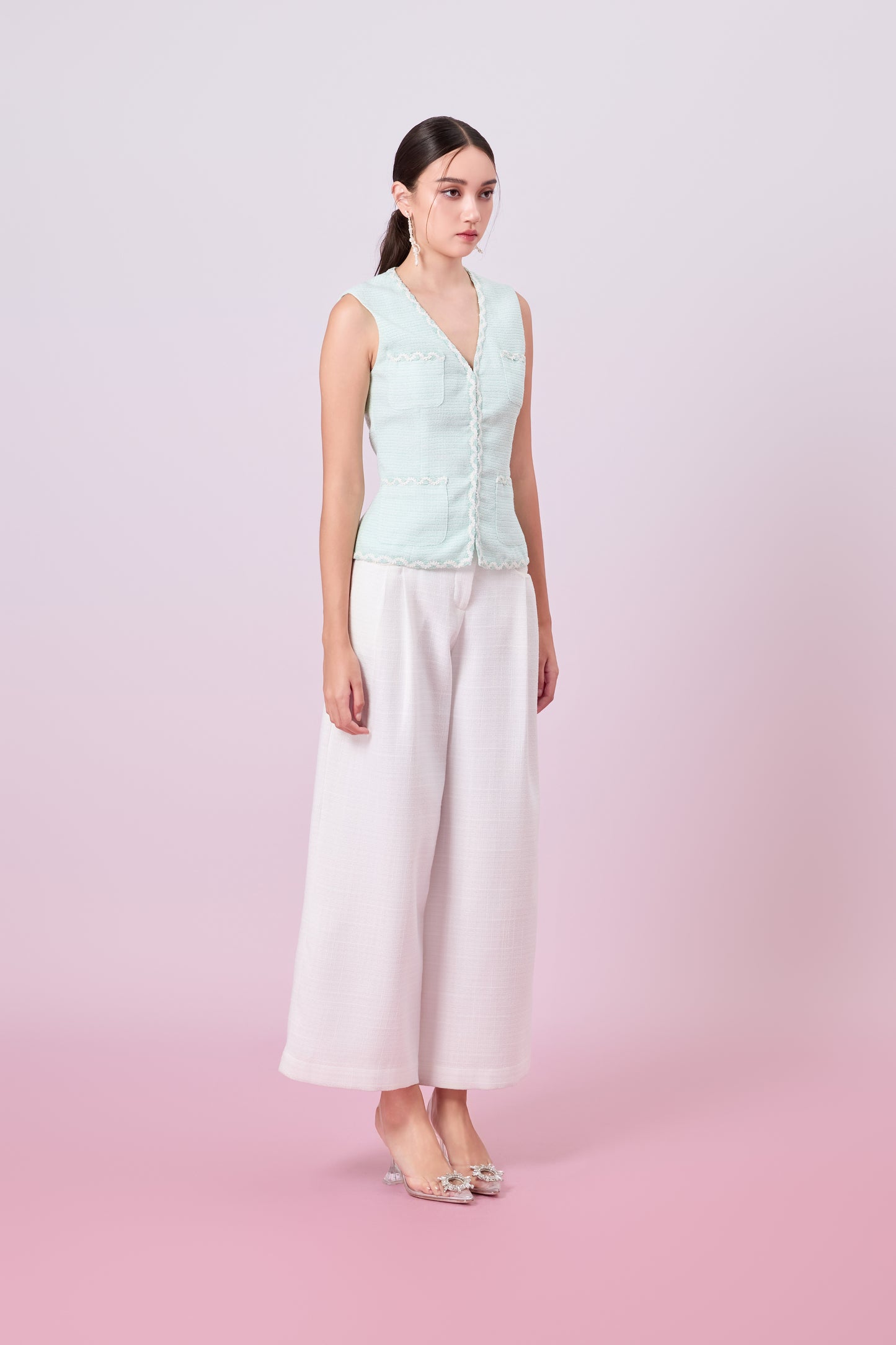 Jacquelin Light Green Tweed V-Neck Top