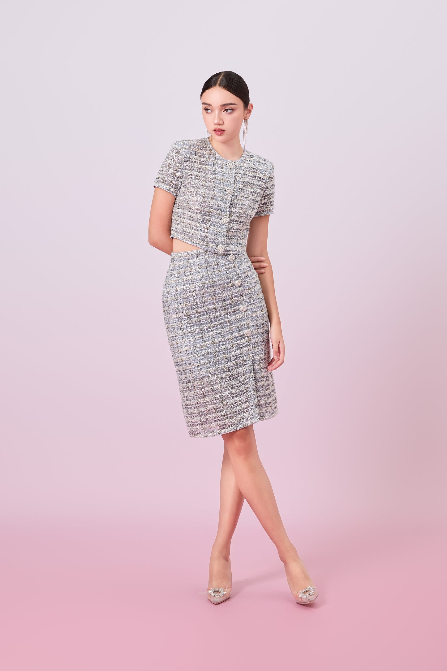 Jaklyn Silver Sequins Pencil Skirt