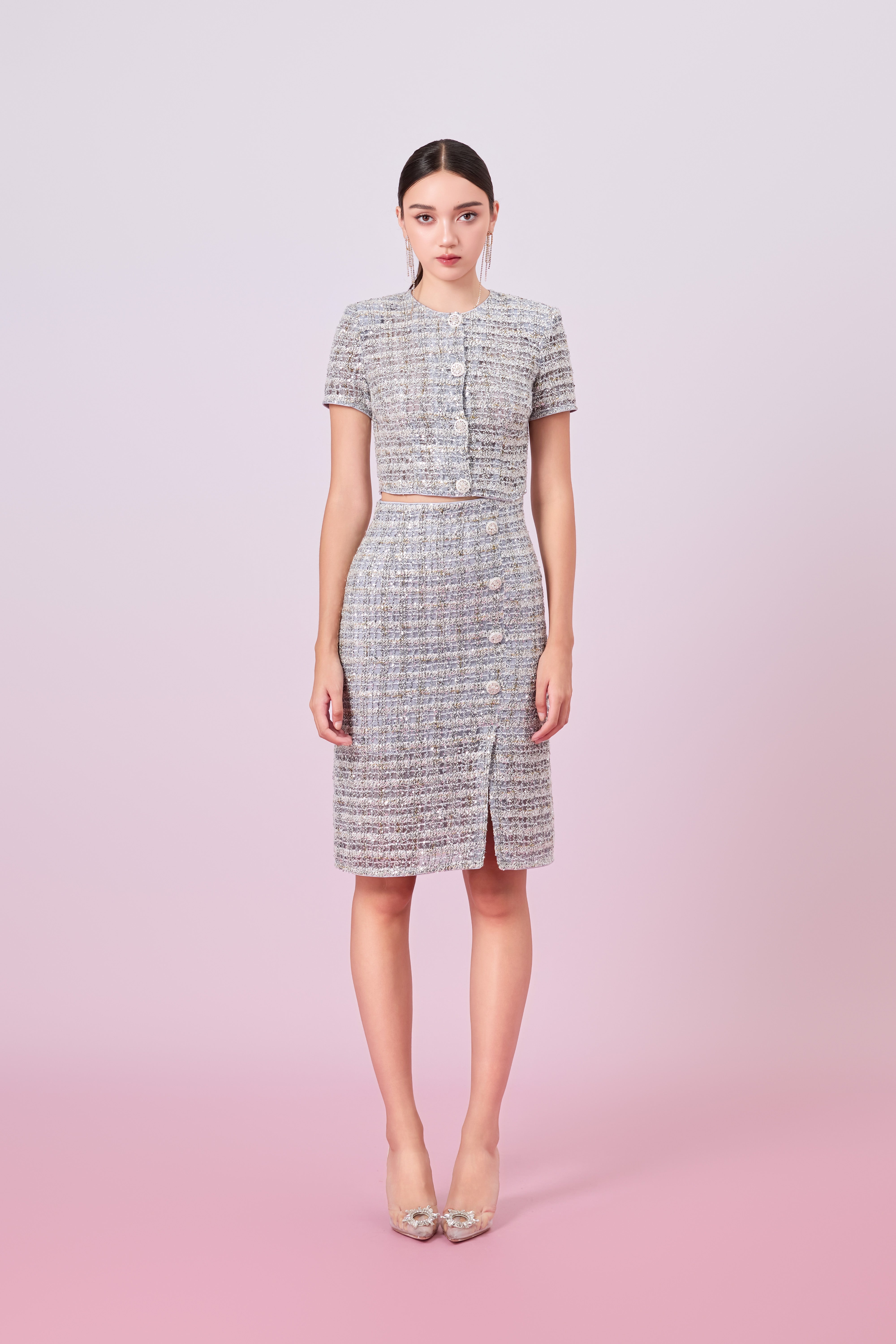 Jaklyn Silver Sequins Pencil Skirt
