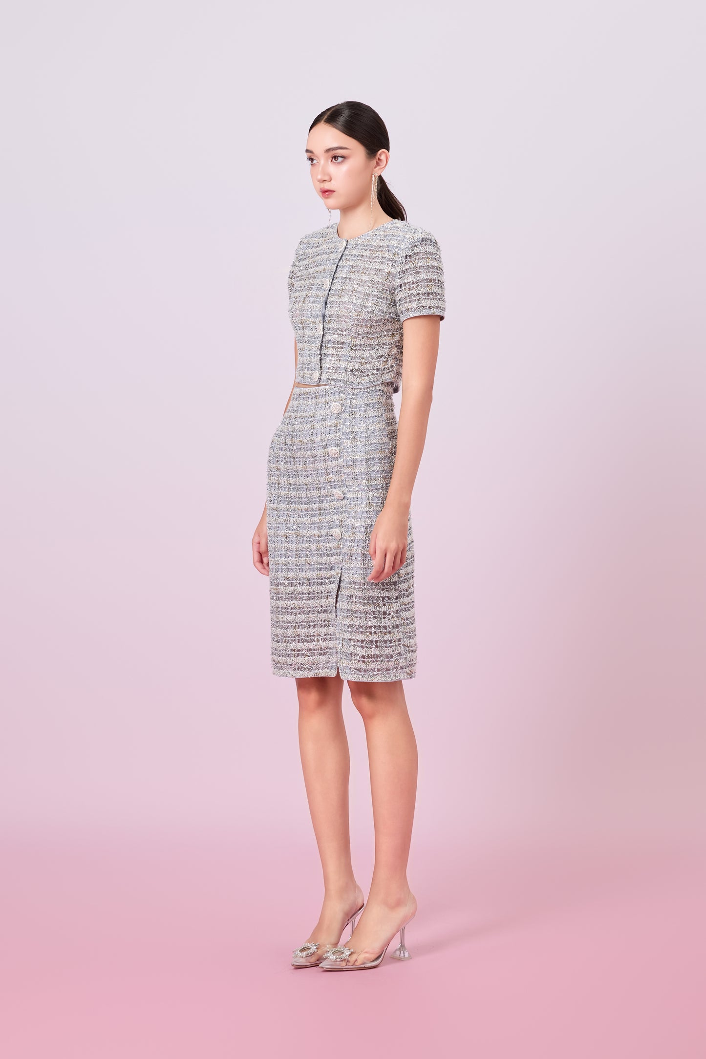 Jaklyn Silver Sequins Pencil Skirt