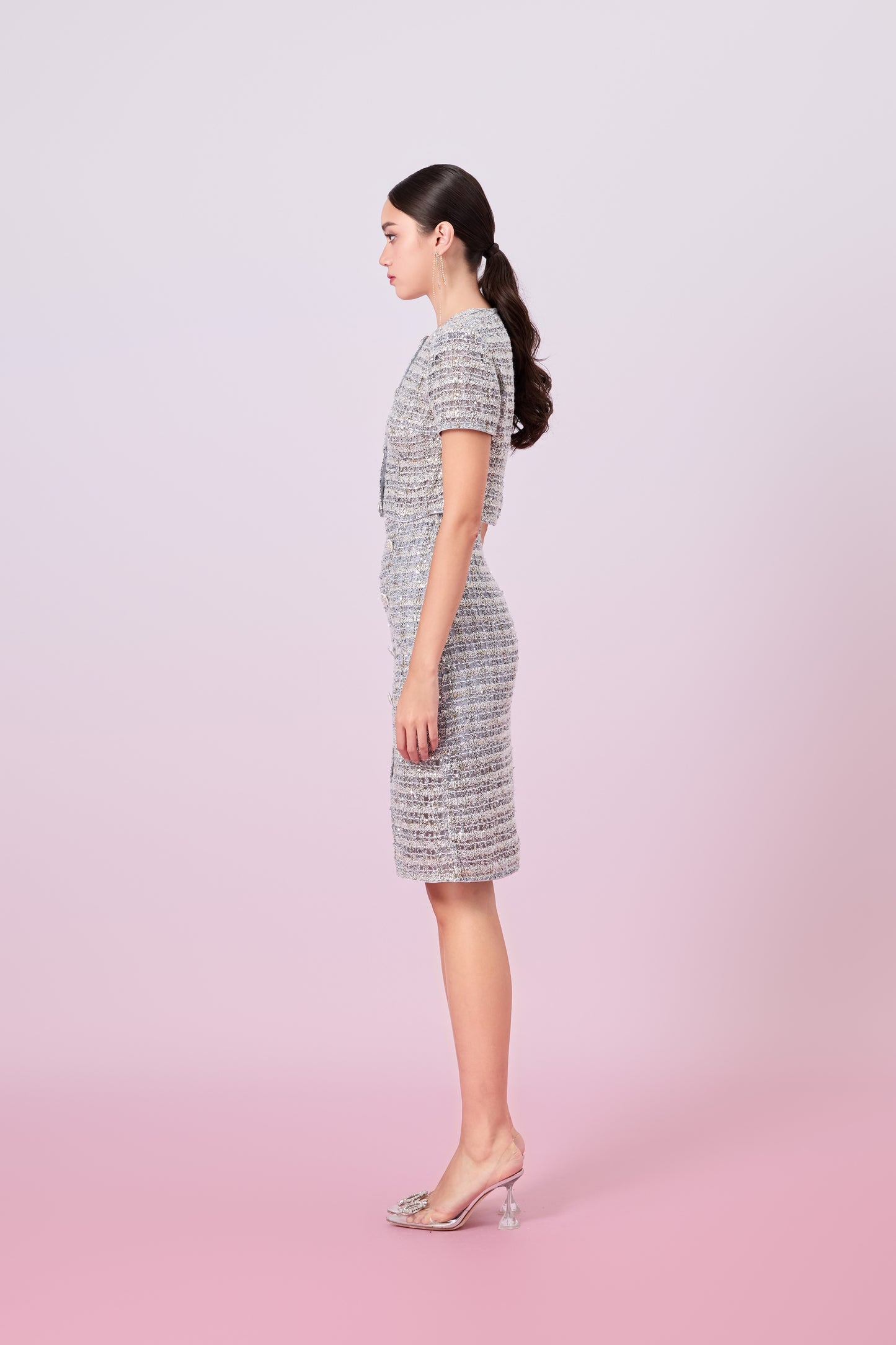 Jaklyn Silver Sequins Pencil Skirt