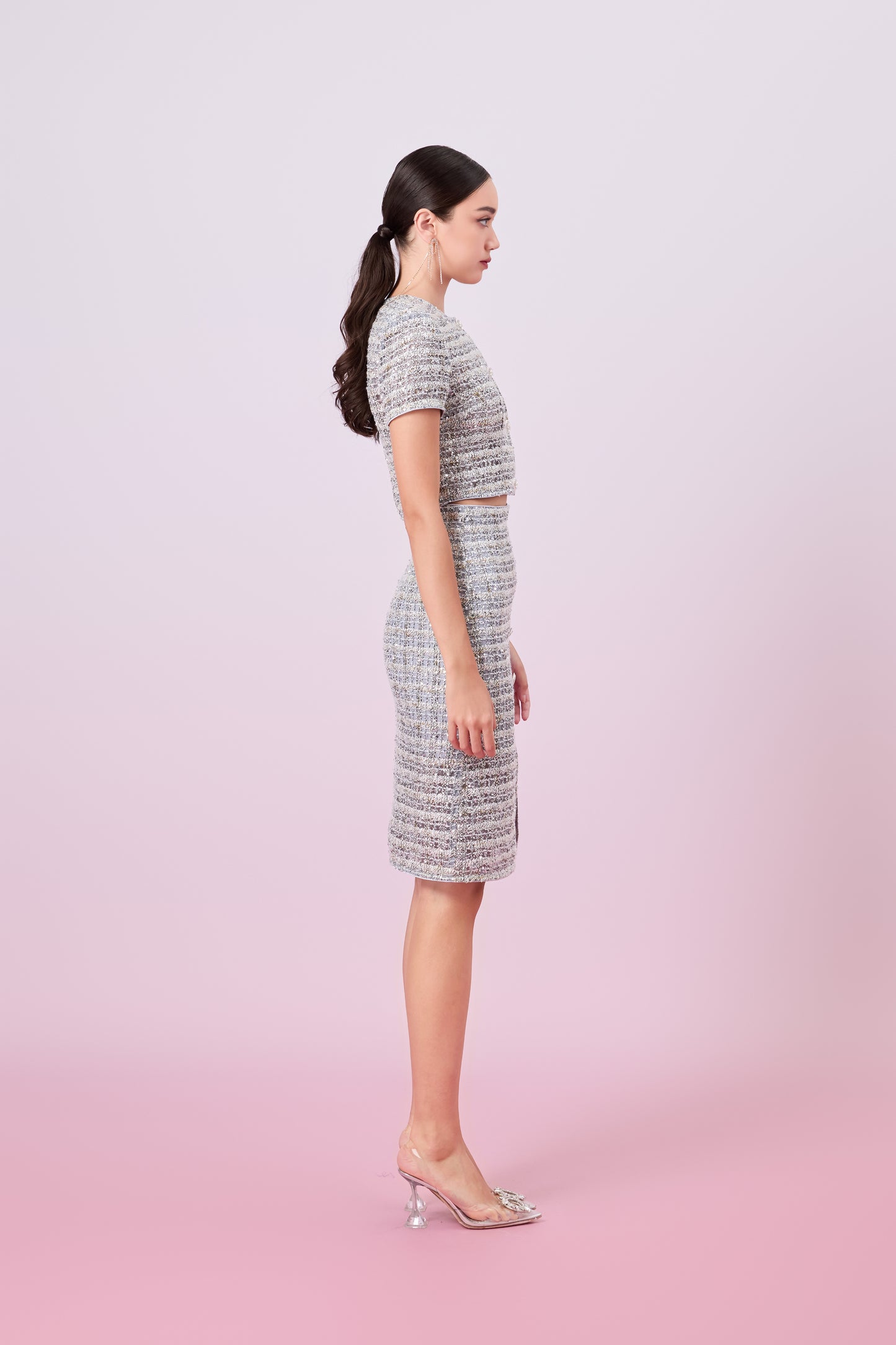 Jaklyn Silver Sequins Pencil Skirt