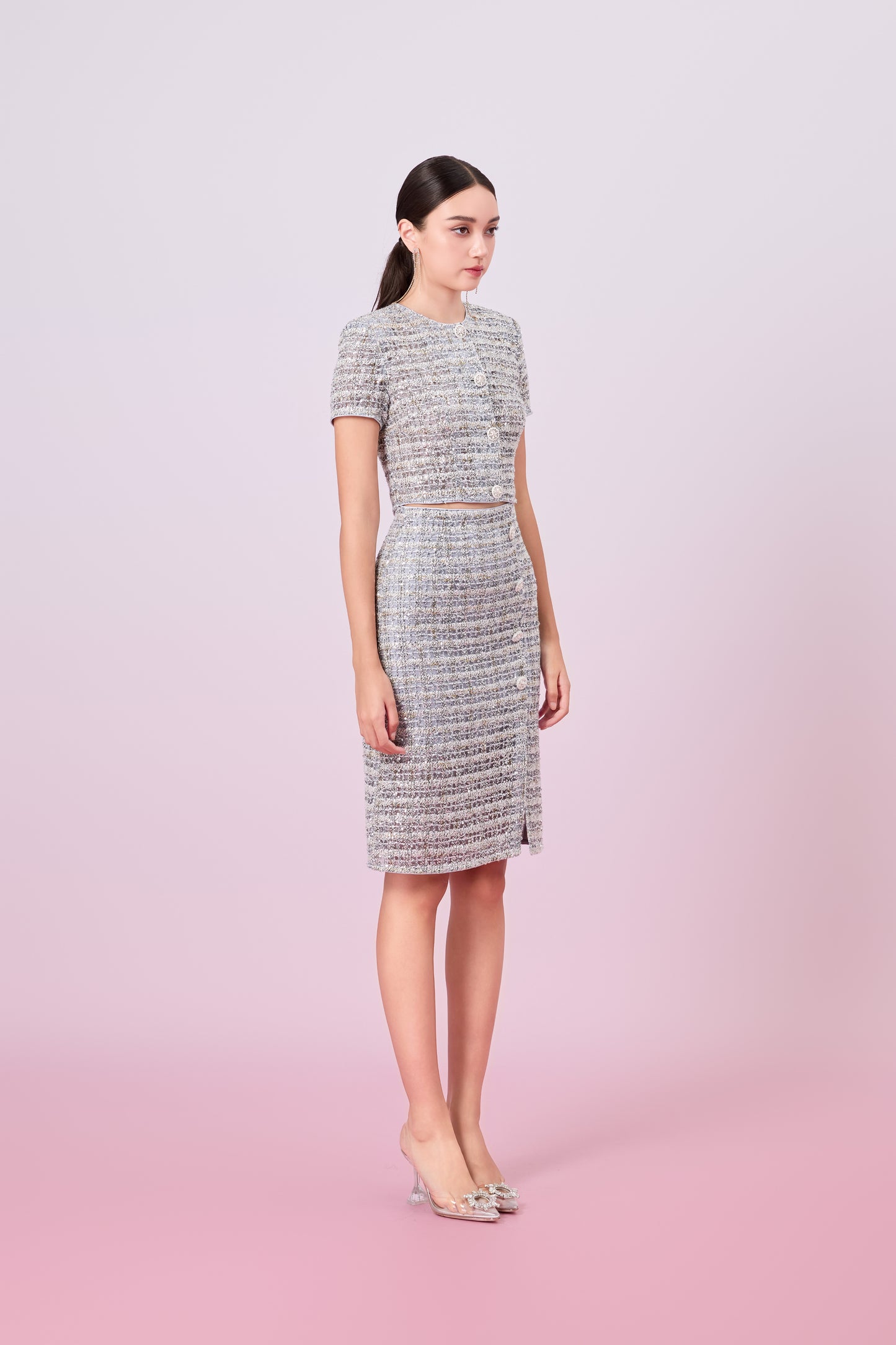 Jaklyn Silver Sequins Pencil Skirt