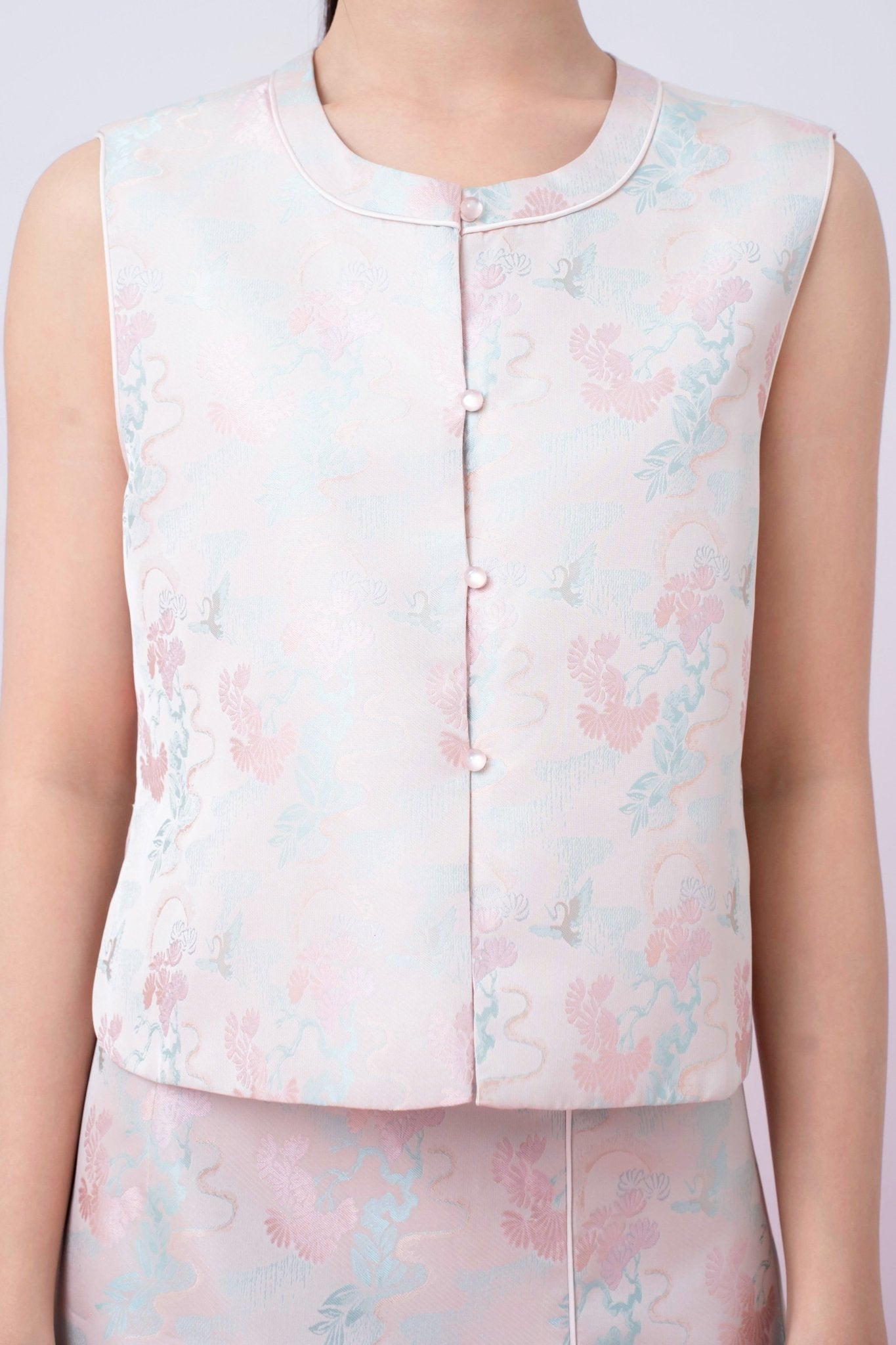 Joelin Floral Print In Blush Pink Jacquard Modern Chinese Top - Nimisski