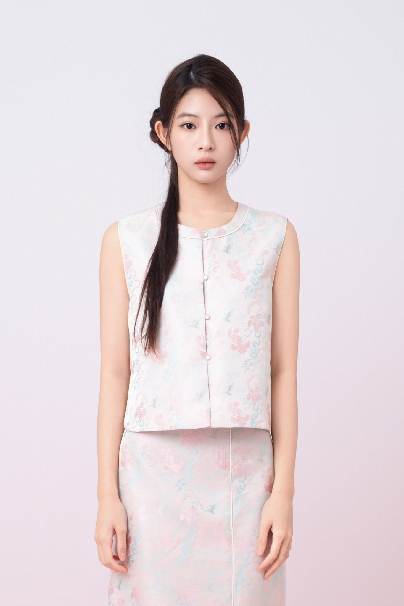 Joelin Floral Print In Blush Pink Jacquard Modern Chinese Top - Nimisski