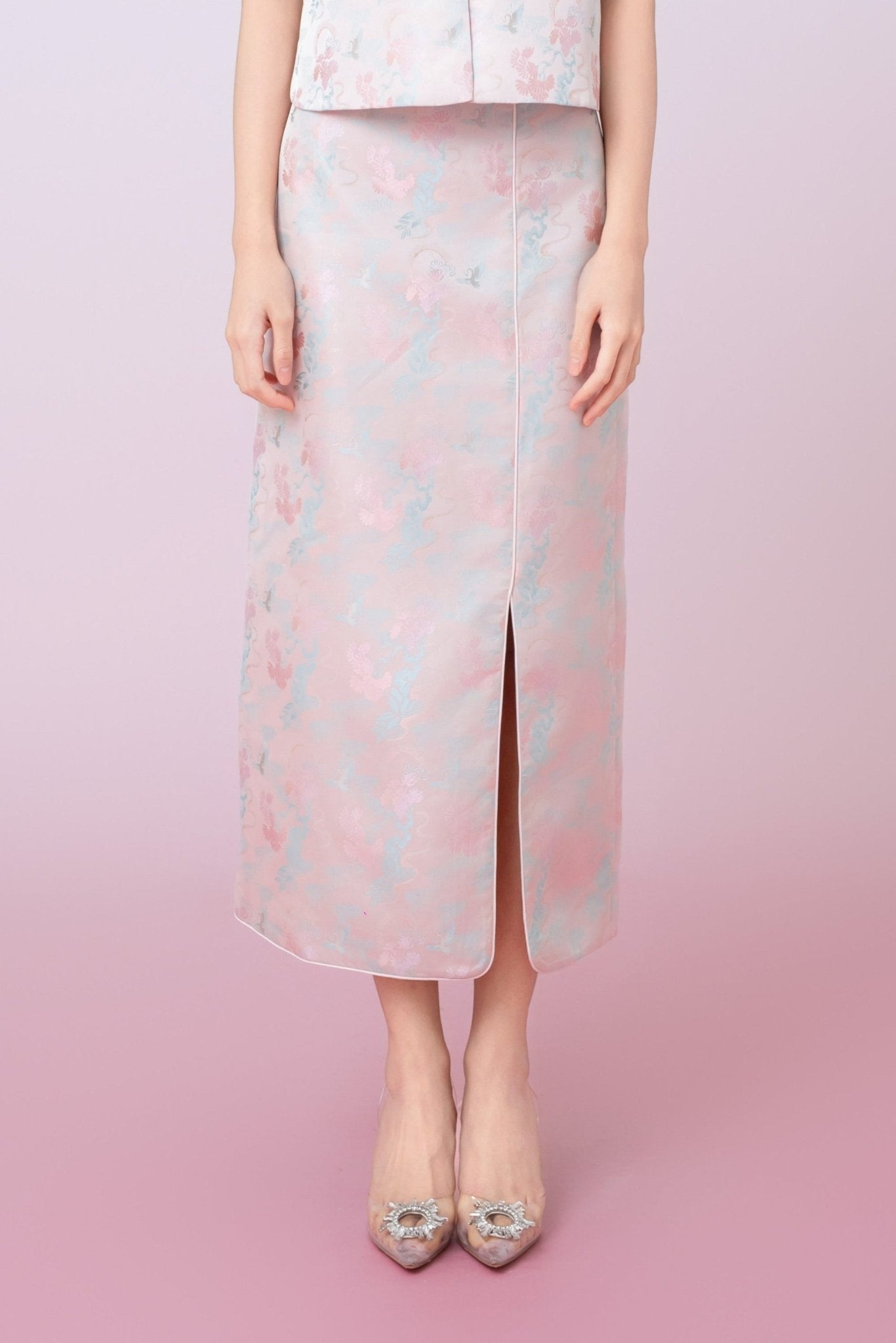 Joelin Floral Print In Blush Pink Jacquard Pencil Skirt - Nimisski