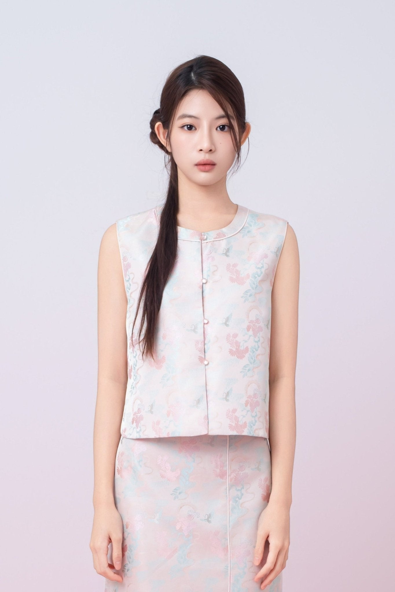 Joelin Floral Print In Blush Pink Jacquard Modern Chinese Top - Nimisski