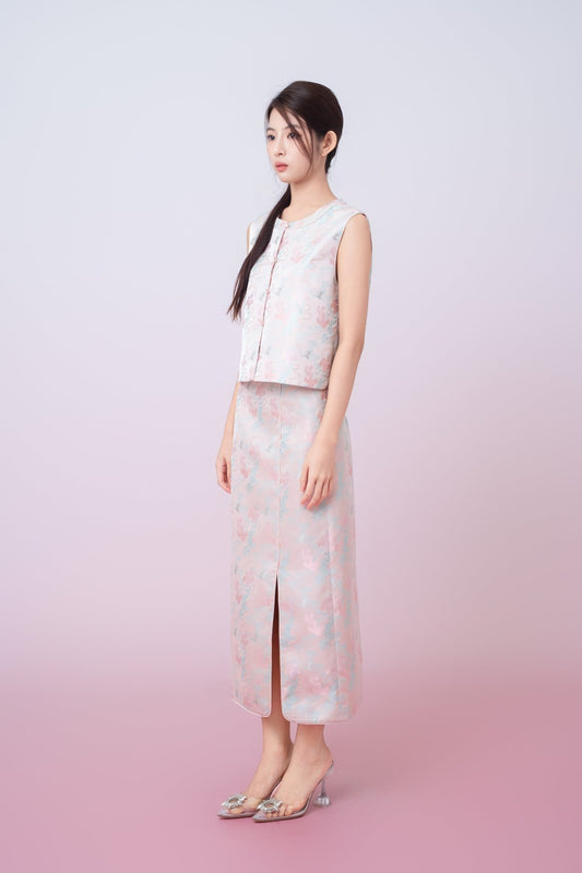 Joelin Floral Print In Blush Pink Jacquard Pencil Skirt - Nimisski