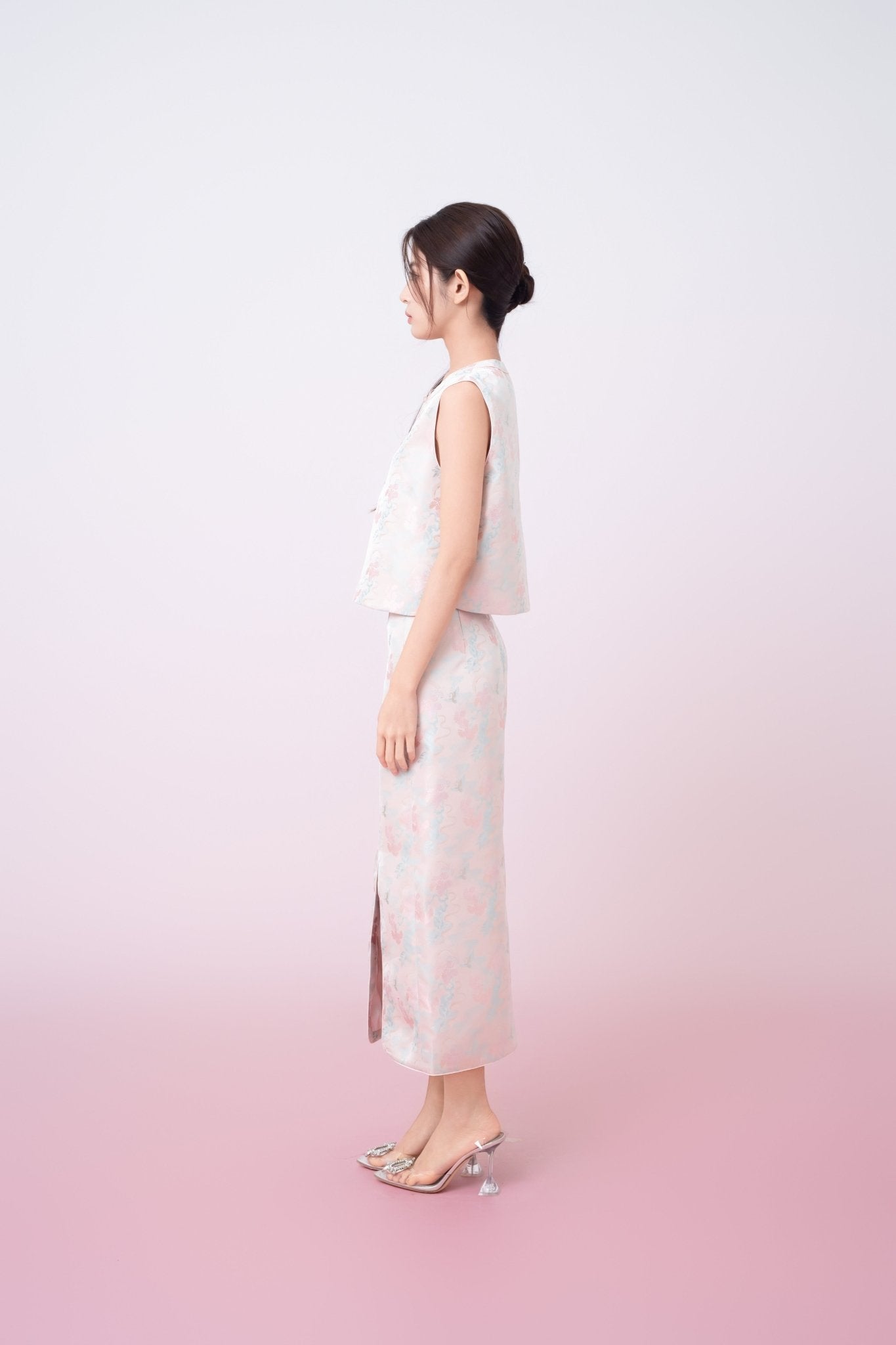 Joelin Floral Print In Blush Pink Jacquard Modern Chinese Top - Nimisski