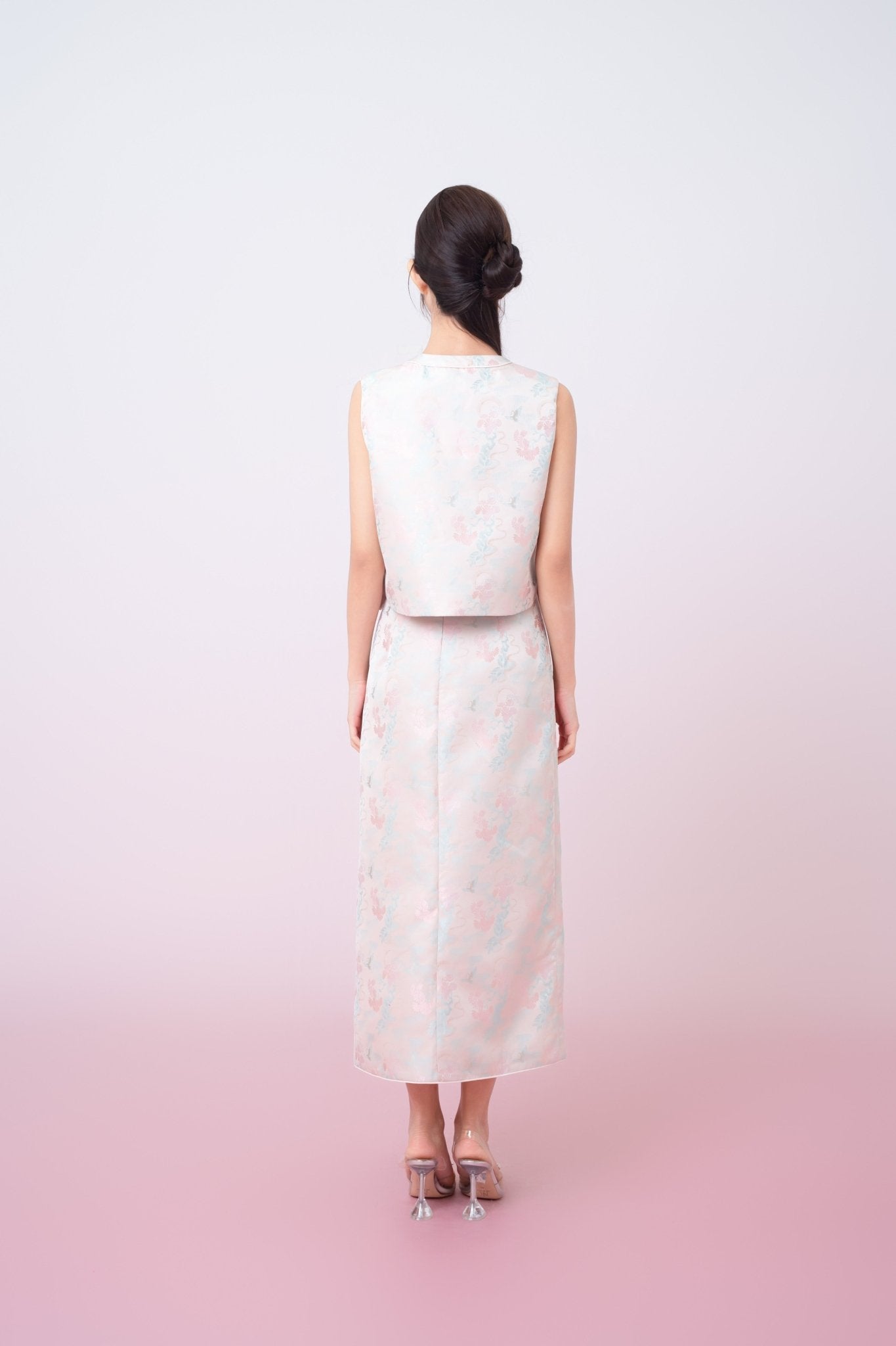 Joelin Floral Print In Blush Pink Jacquard Modern Chinese Top - Nimisski