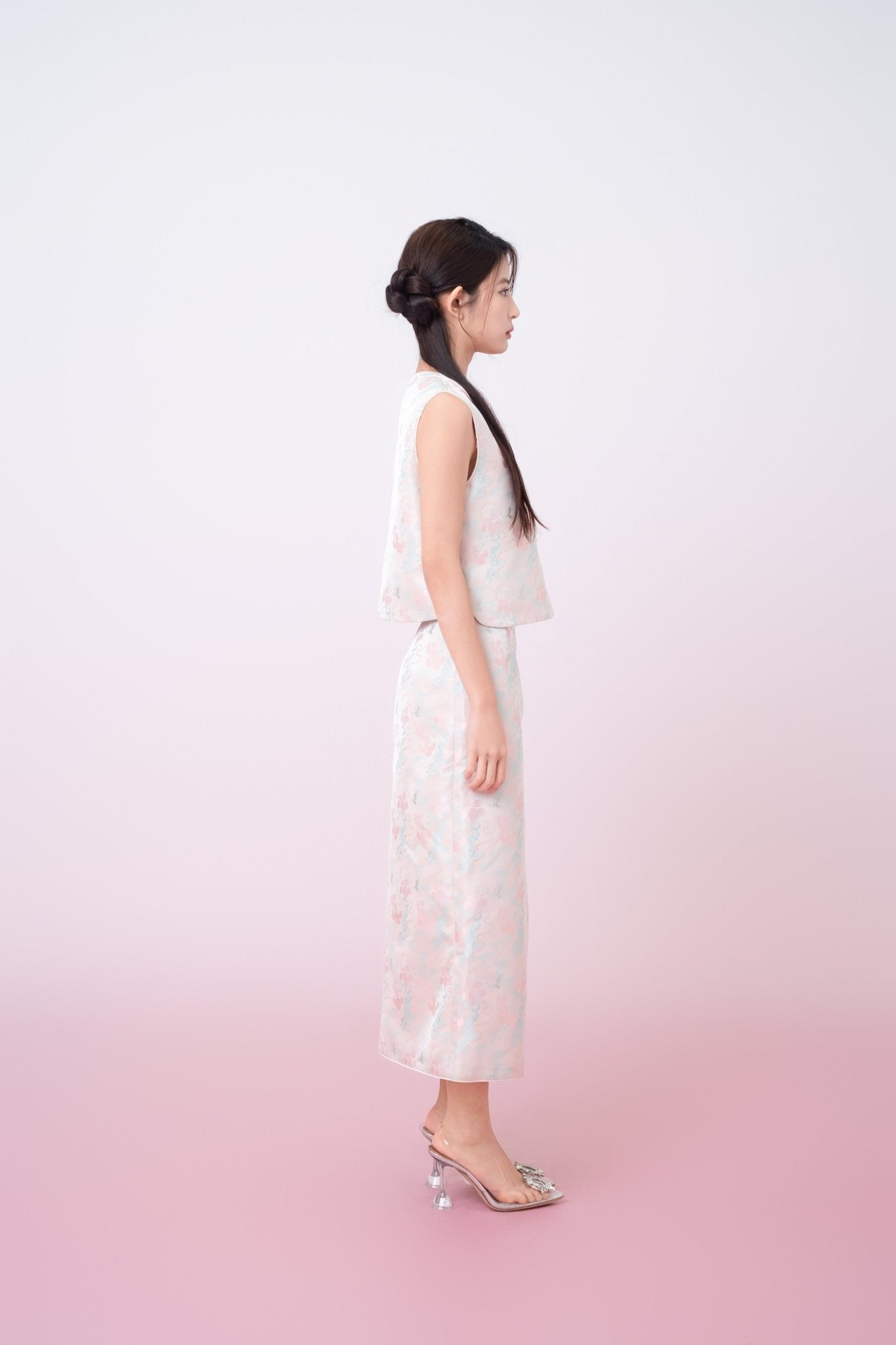 Joelin Floral Print In Blush Pink Jacquard Modern Chinese Top - Nimisski
