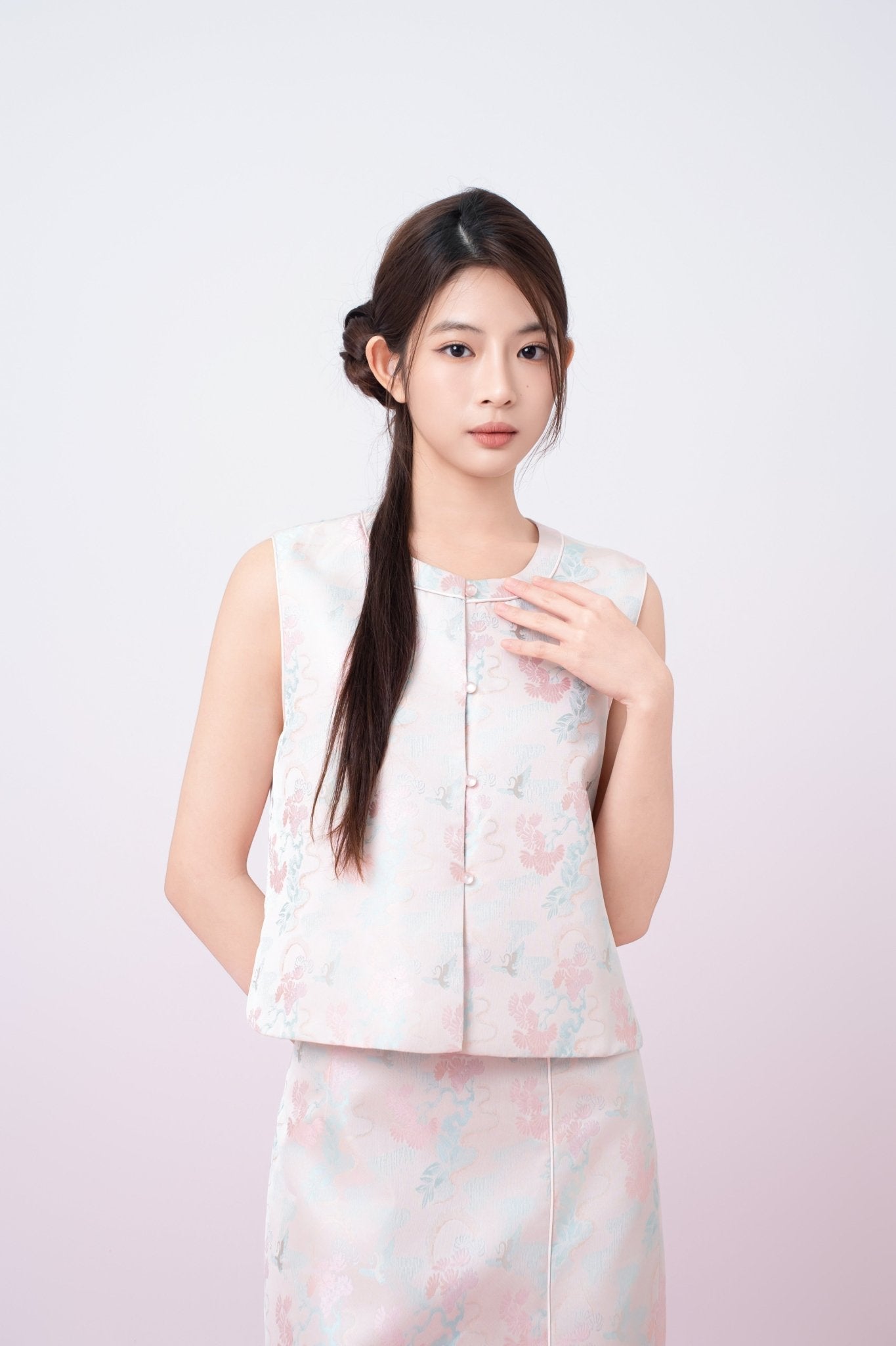 Joelin Floral Print In Blush Pink Jacquard Modern Chinese Top - Nimisski