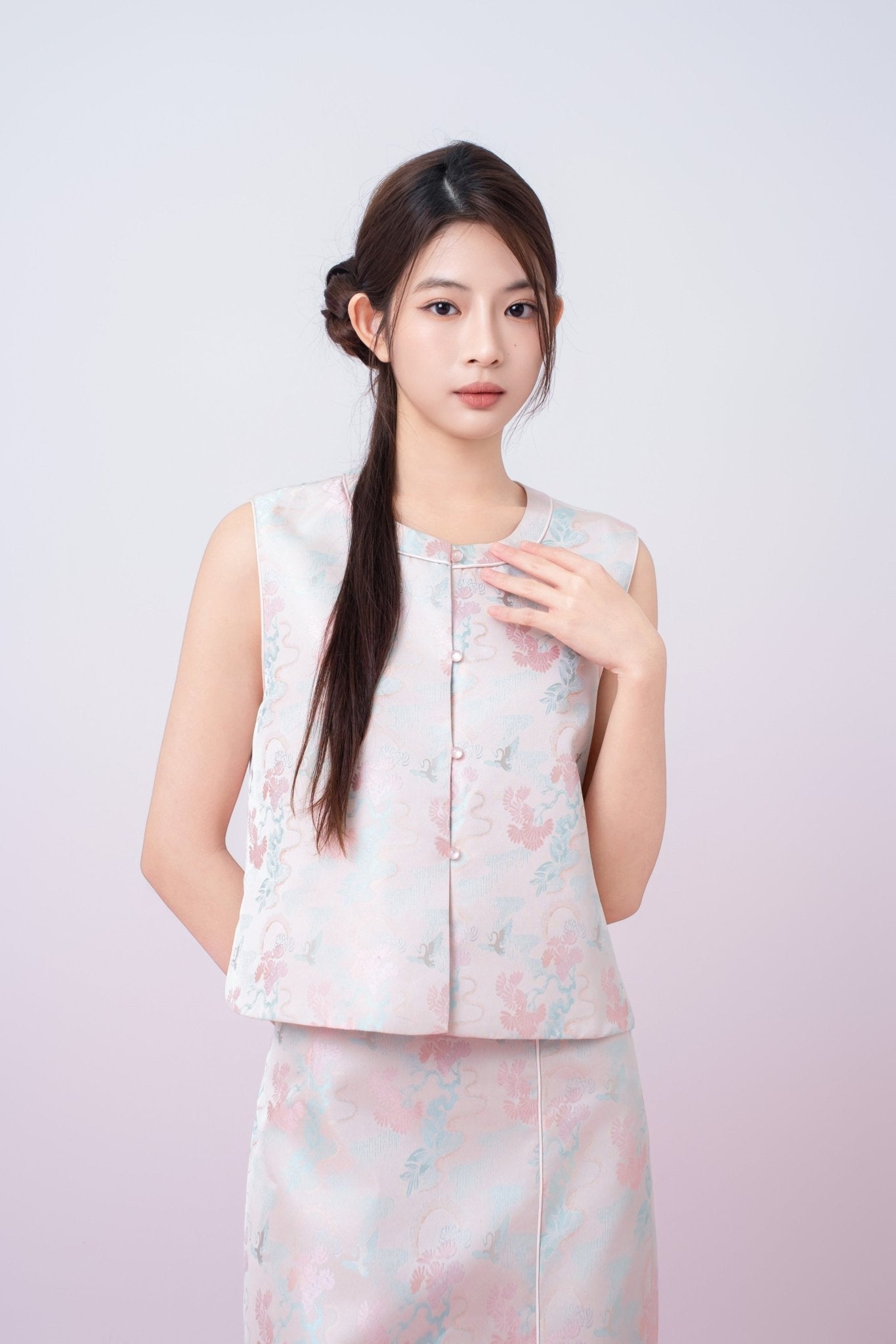 Joelin Floral Print In Blush Pink Jacquard Modern Chinese Top - Nimisski
