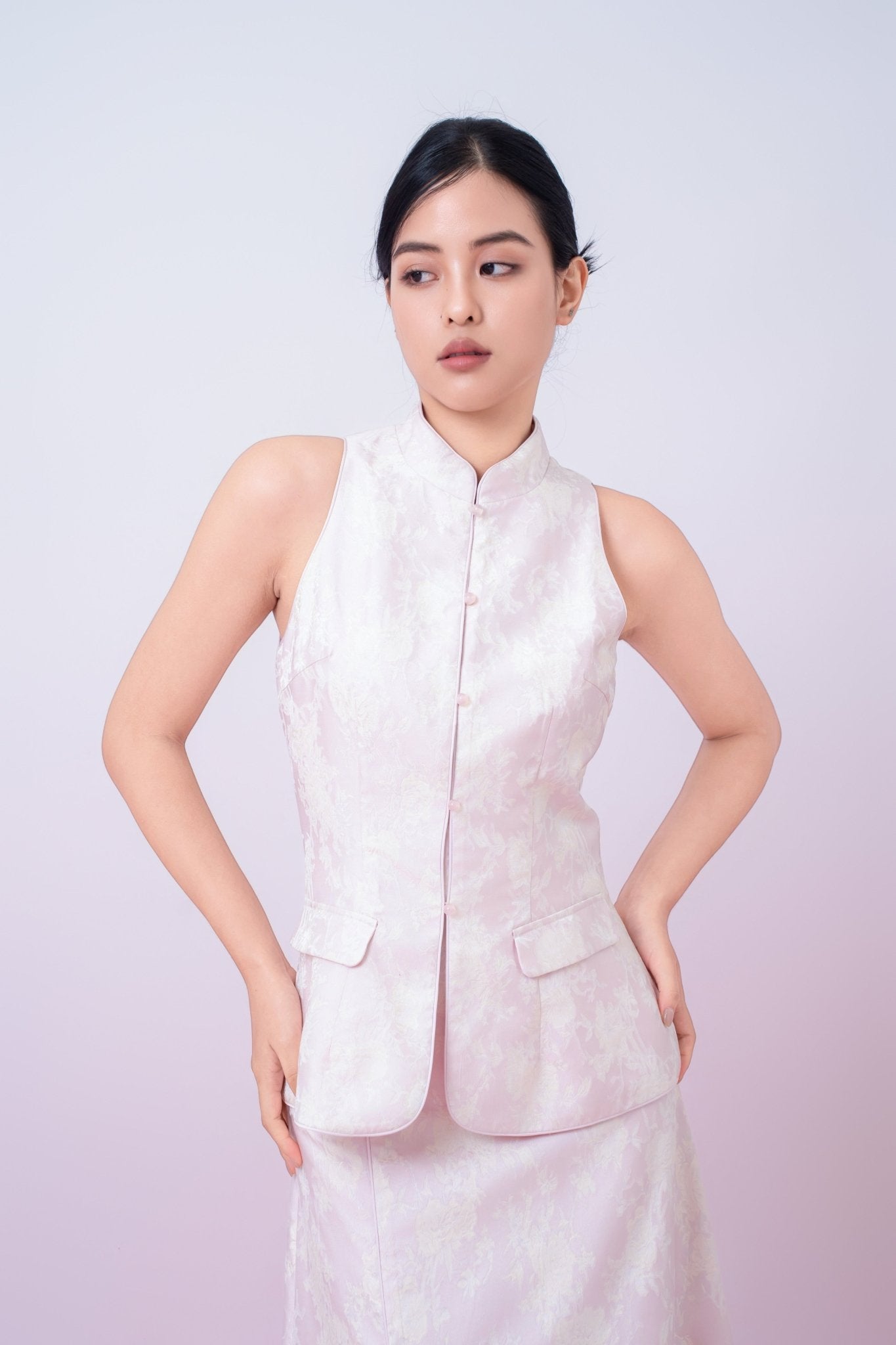 Joela Light Pink Jacquard With Cream Floral Cheongsam Top - Nimisski