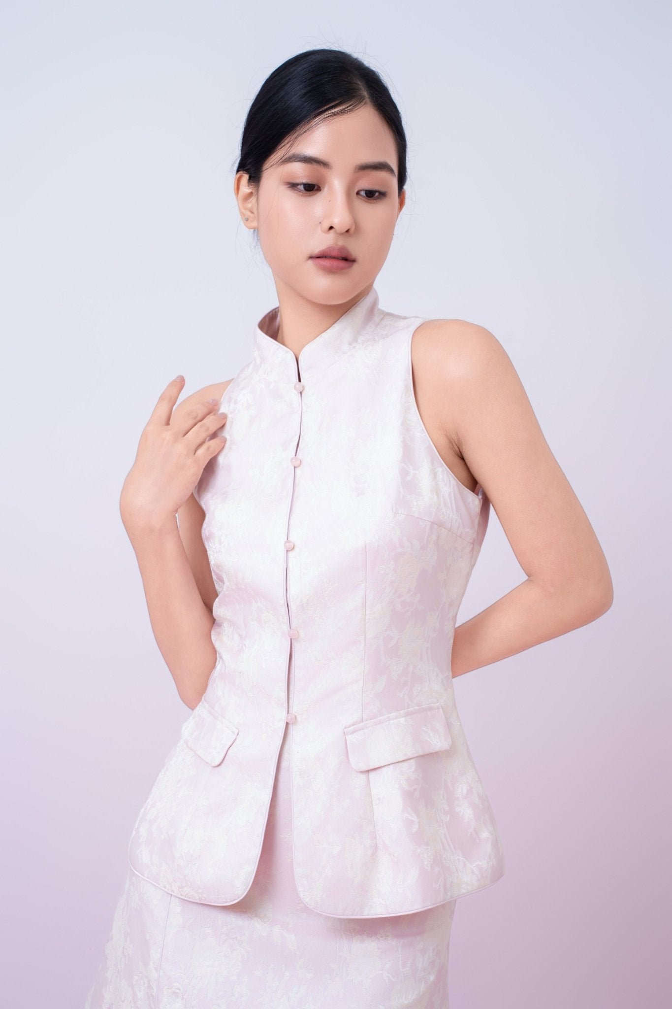 Joela Light Pink Jacquard With Cream Floral Cheongsam Top - Nimisski