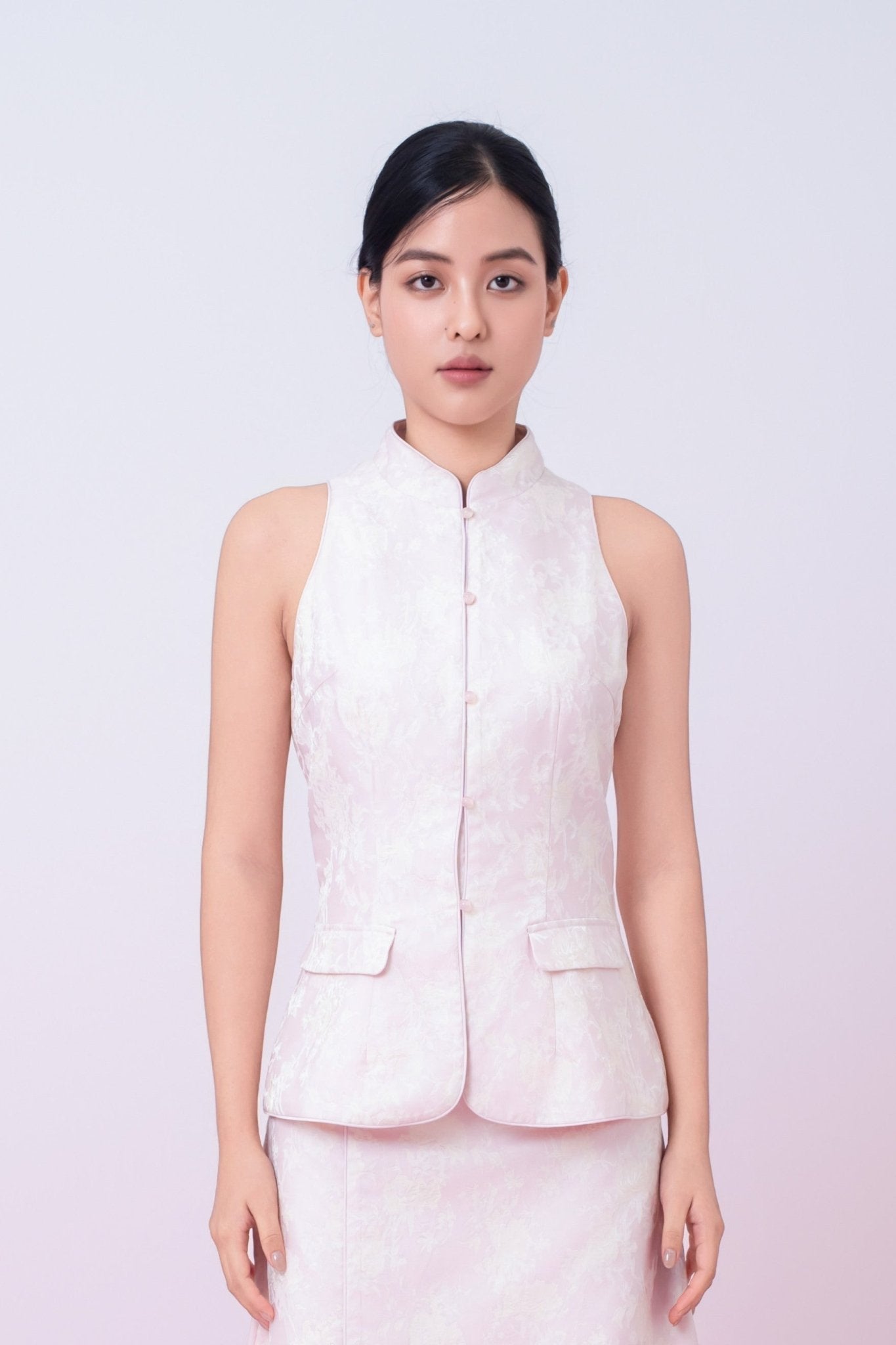 Joela Light Pink Jacquard With Cream Floral Cheongsam Top - Nimisski