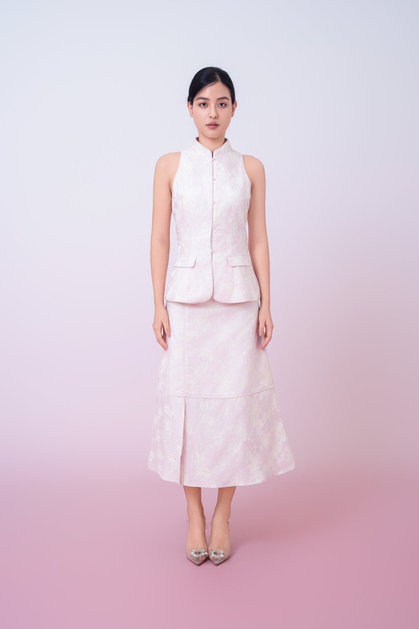 Joela Light Pink Jacquard With Cream Floral Drop Waist Skirt - Nimisski