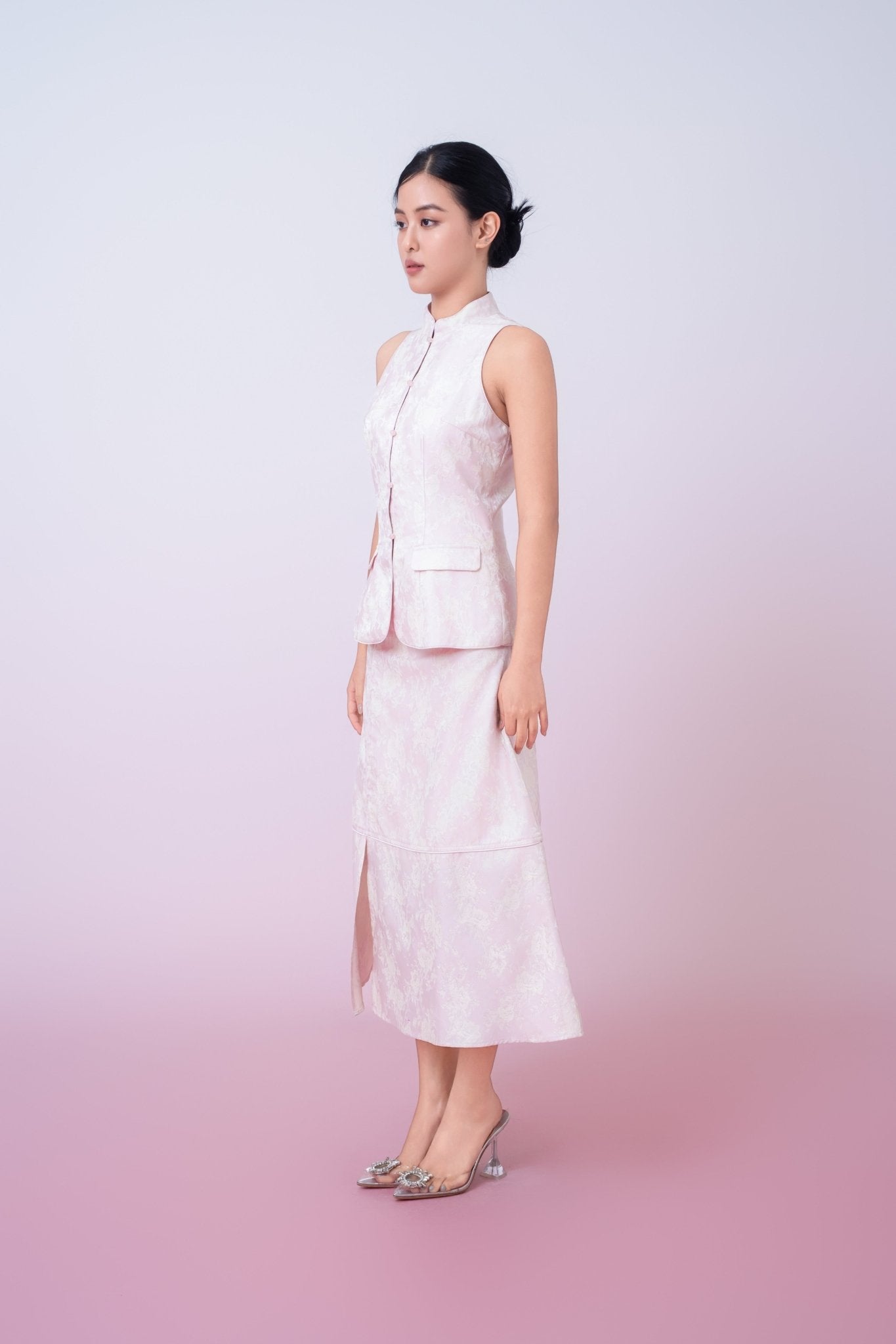 Joela Light Pink Jacquard With Cream Floral Drop Waist Skirt - Nimisski