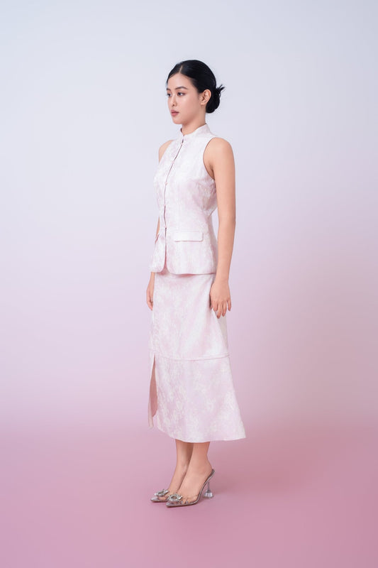 Joela Light Pink Jacquard With Cream Floral Drop Waist Skirt - Nimisski