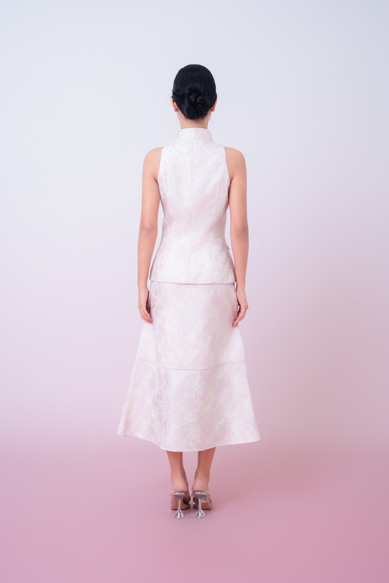 Joela Light Pink Jacquard With Cream Floral Drop Waist Skirt - Nimisski
