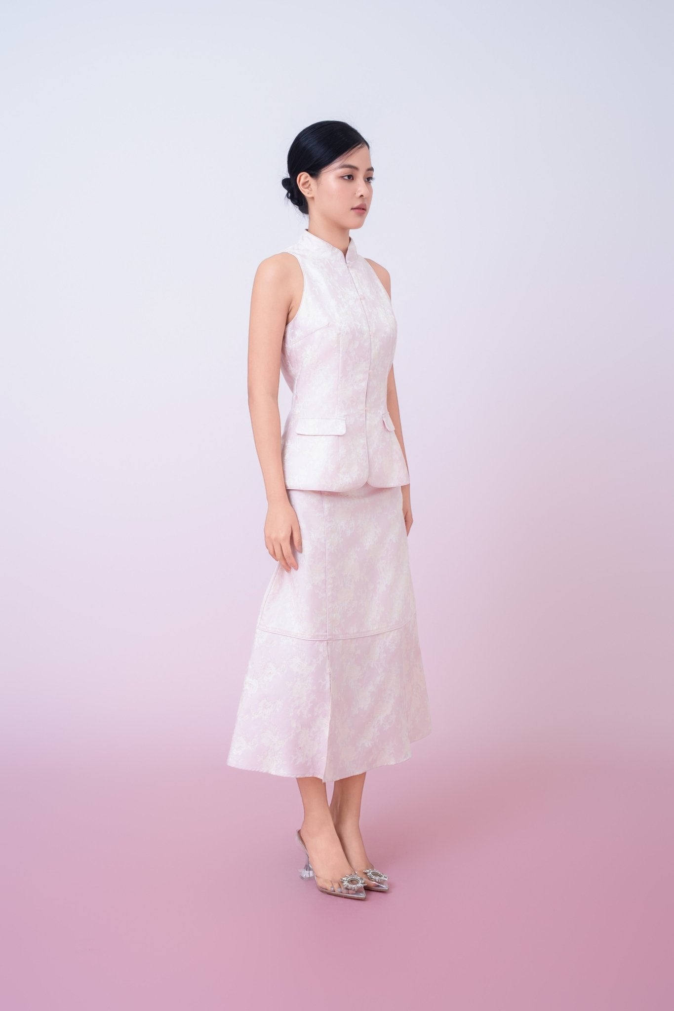 Joela Light Pink Jacquard With Cream Floral Cheongsam Top - Nimisski