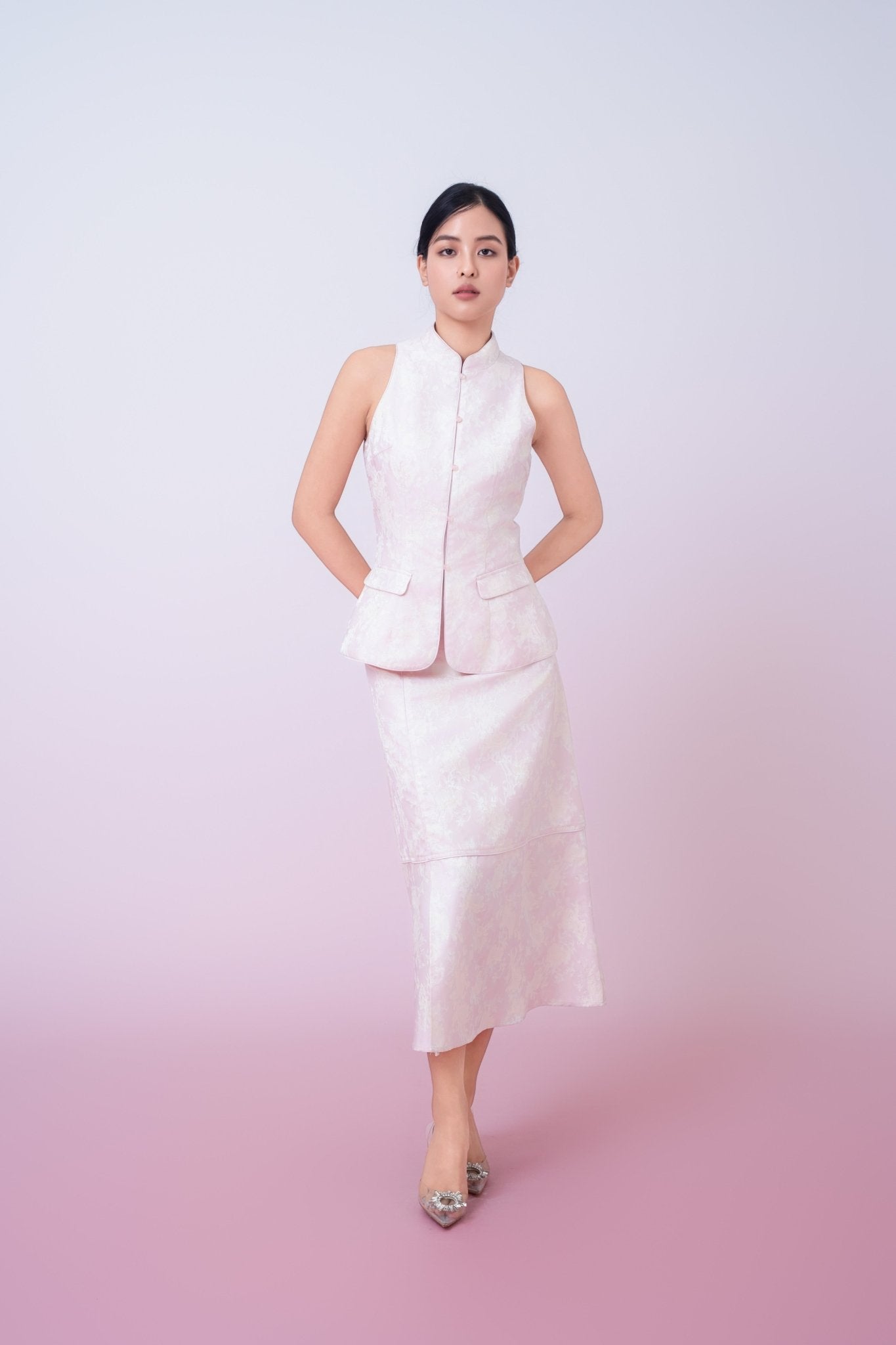 Joela Light Pink Jacquard With Cream Floral Drop Waist Skirt - Nimisski