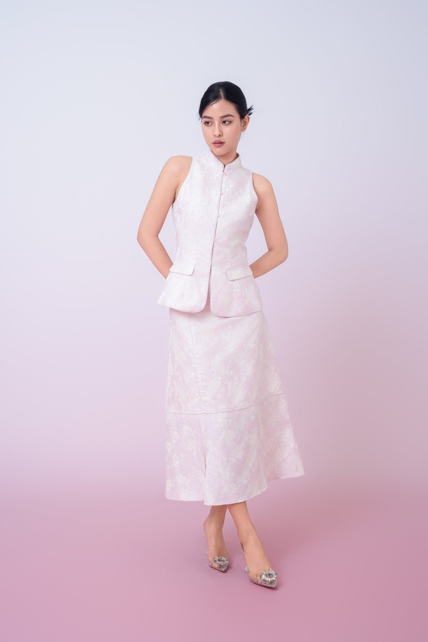 Joela Light Pink Jacquard With Cream Floral Drop Waist Skirt - Nimisski