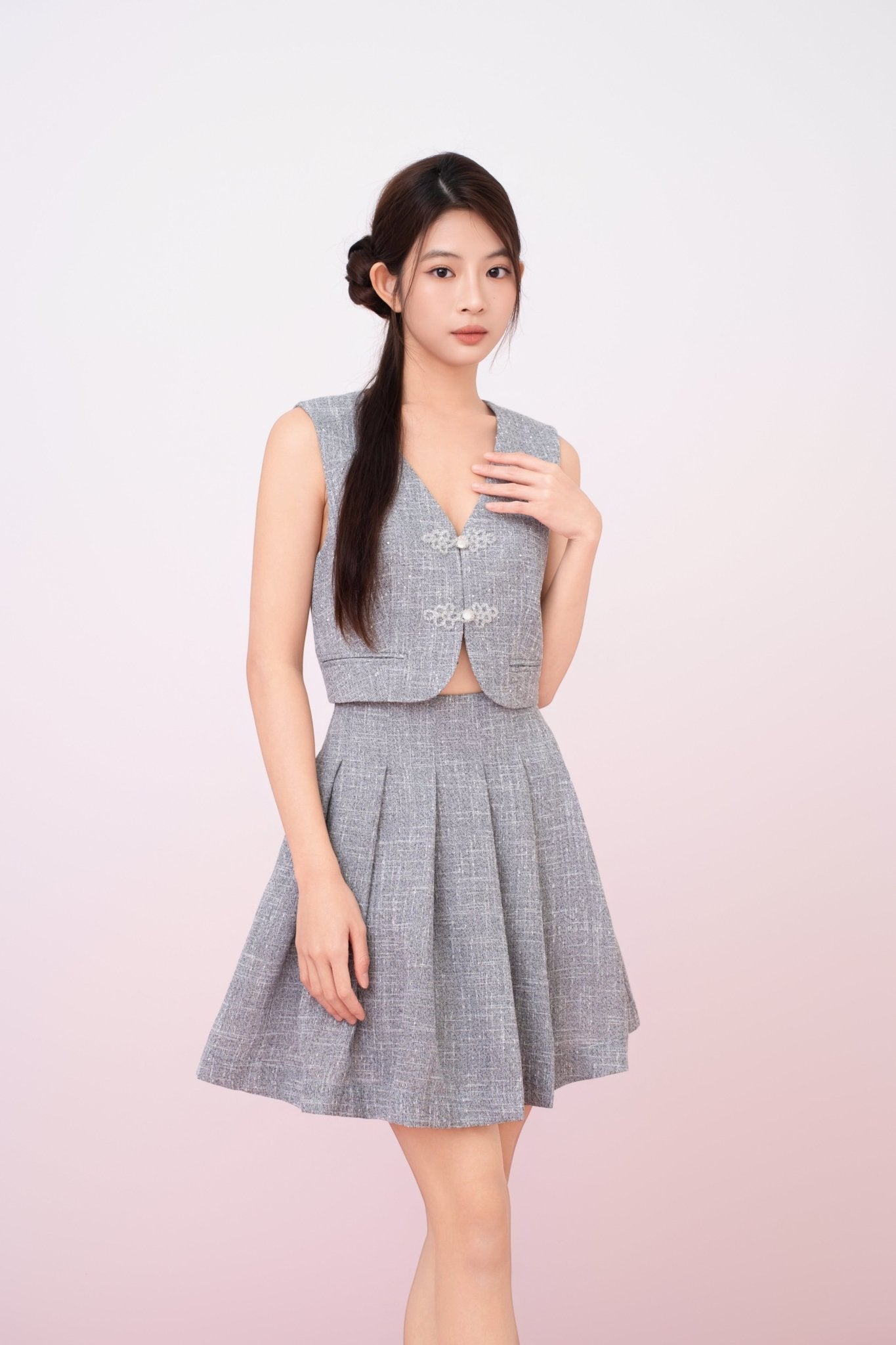 Katalina Grey Tweed Pleated Skirt - Nimisski