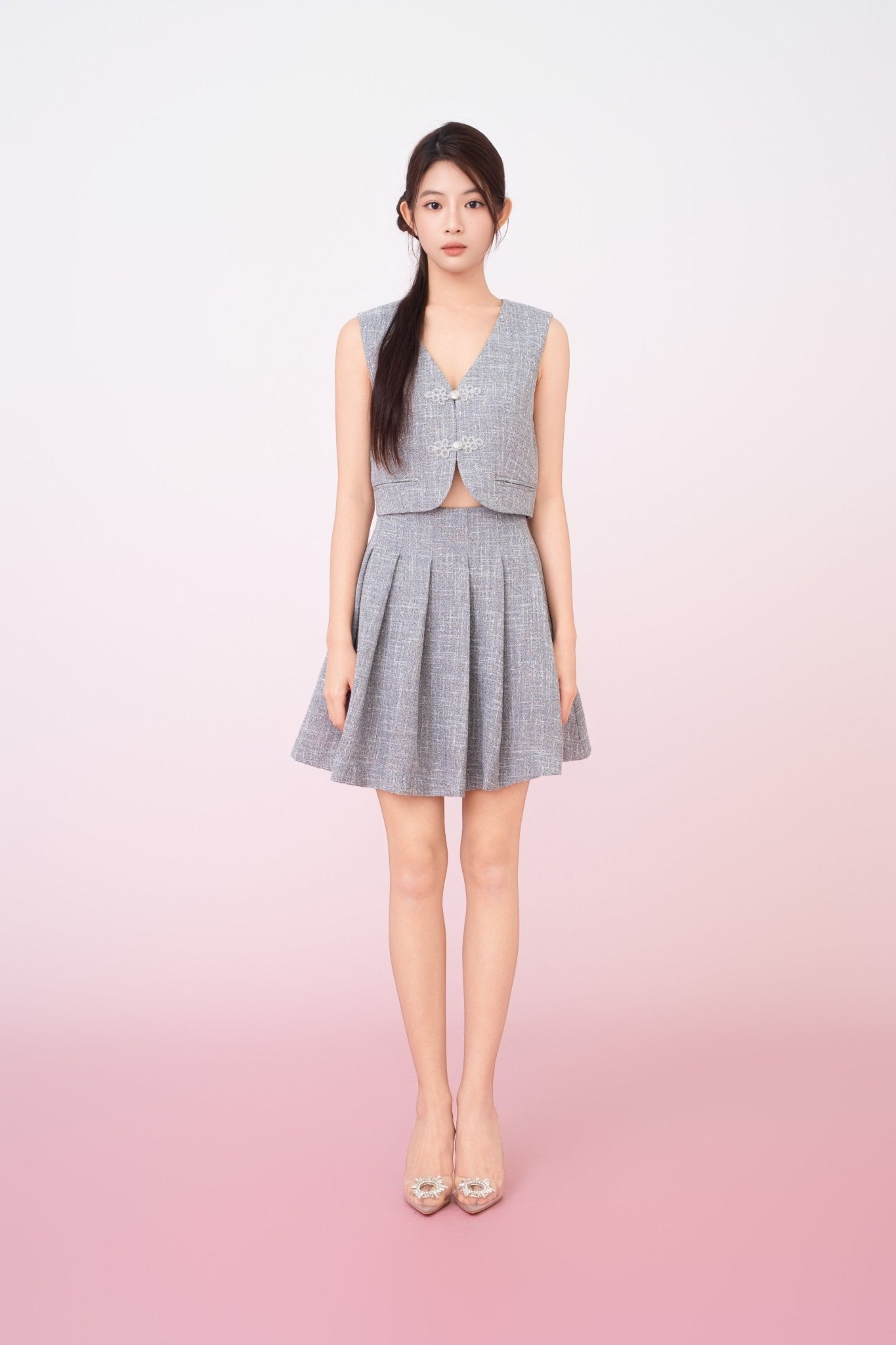 Katalina Grey Tweed Pleated Skirt - Nimisski