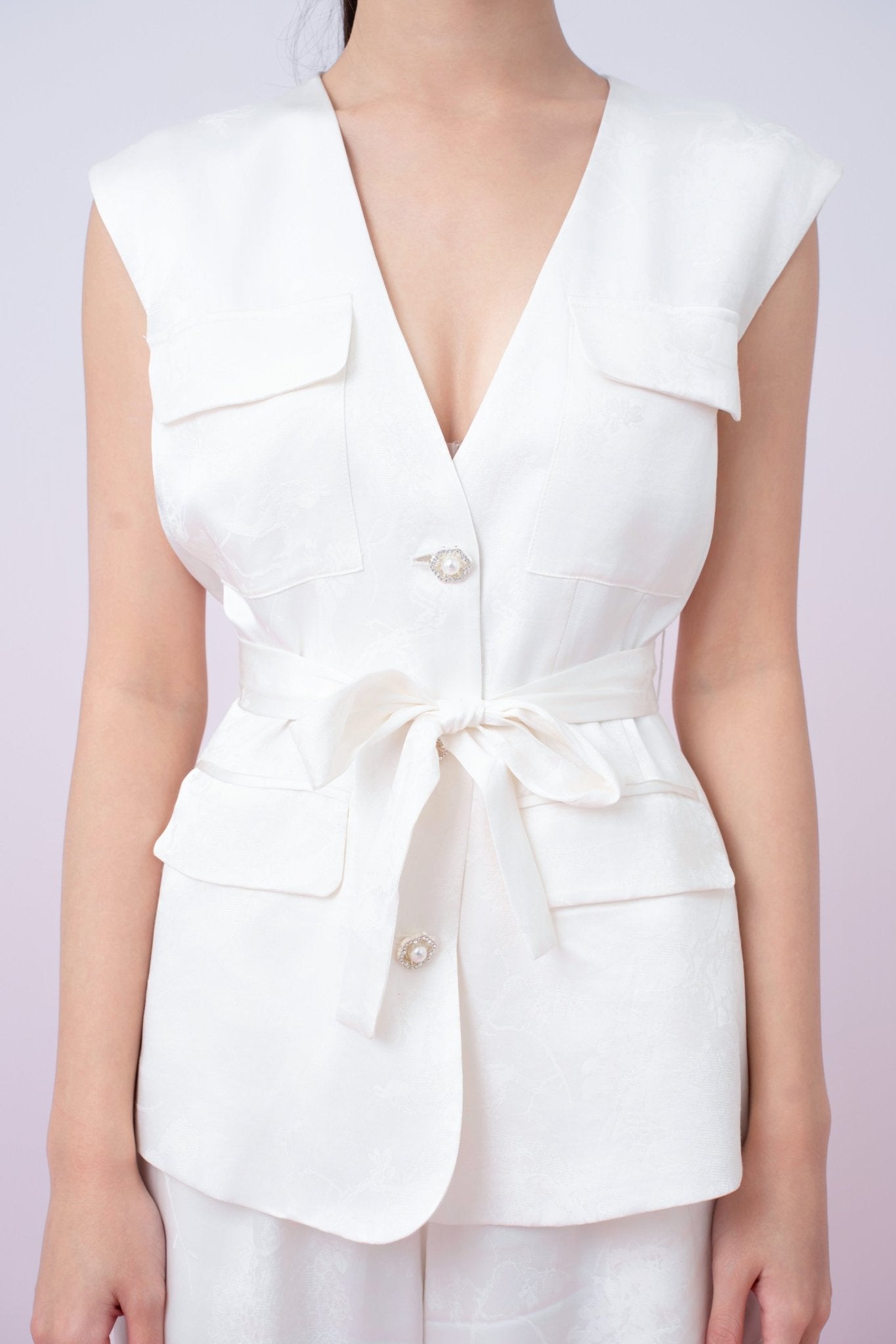 Kamryn Ivory Jacquard Sleeveless Vest Top - Nimisski