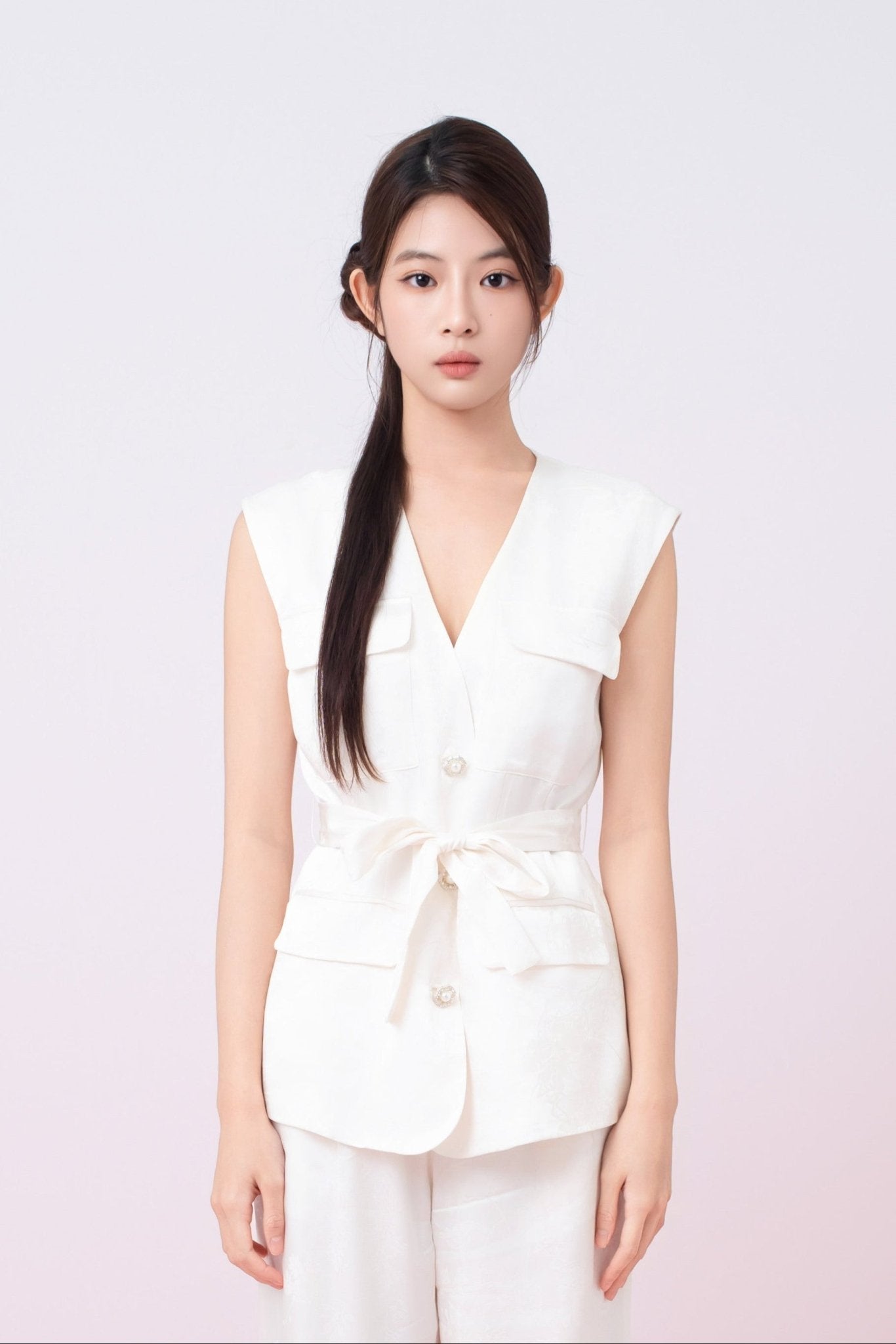 Kamryn Ivory Jacquard Sleeveless Vest Top - Nimisski