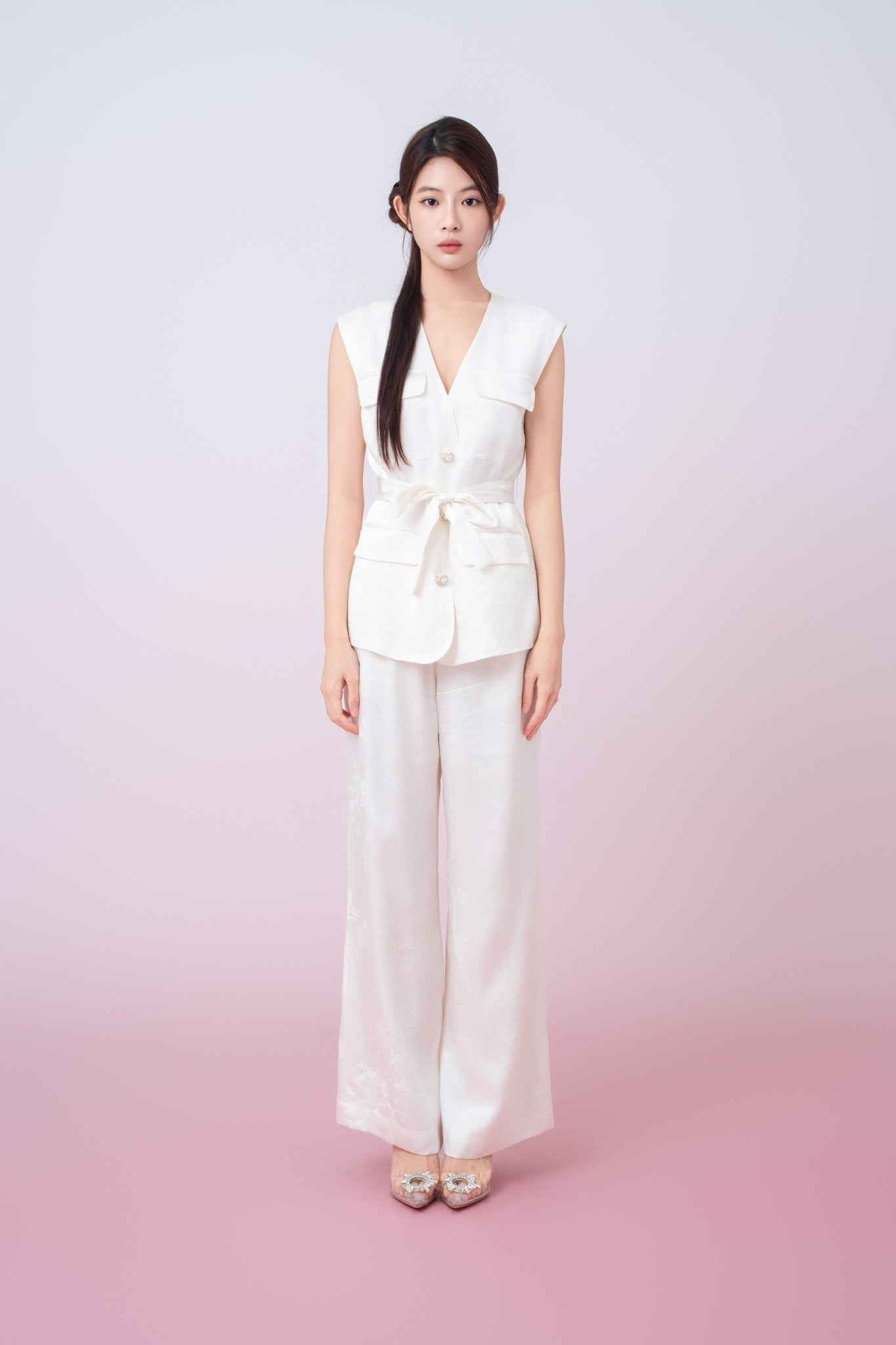 Kamryn Ivory Jacquard Wide Leg Pants - Nimisski