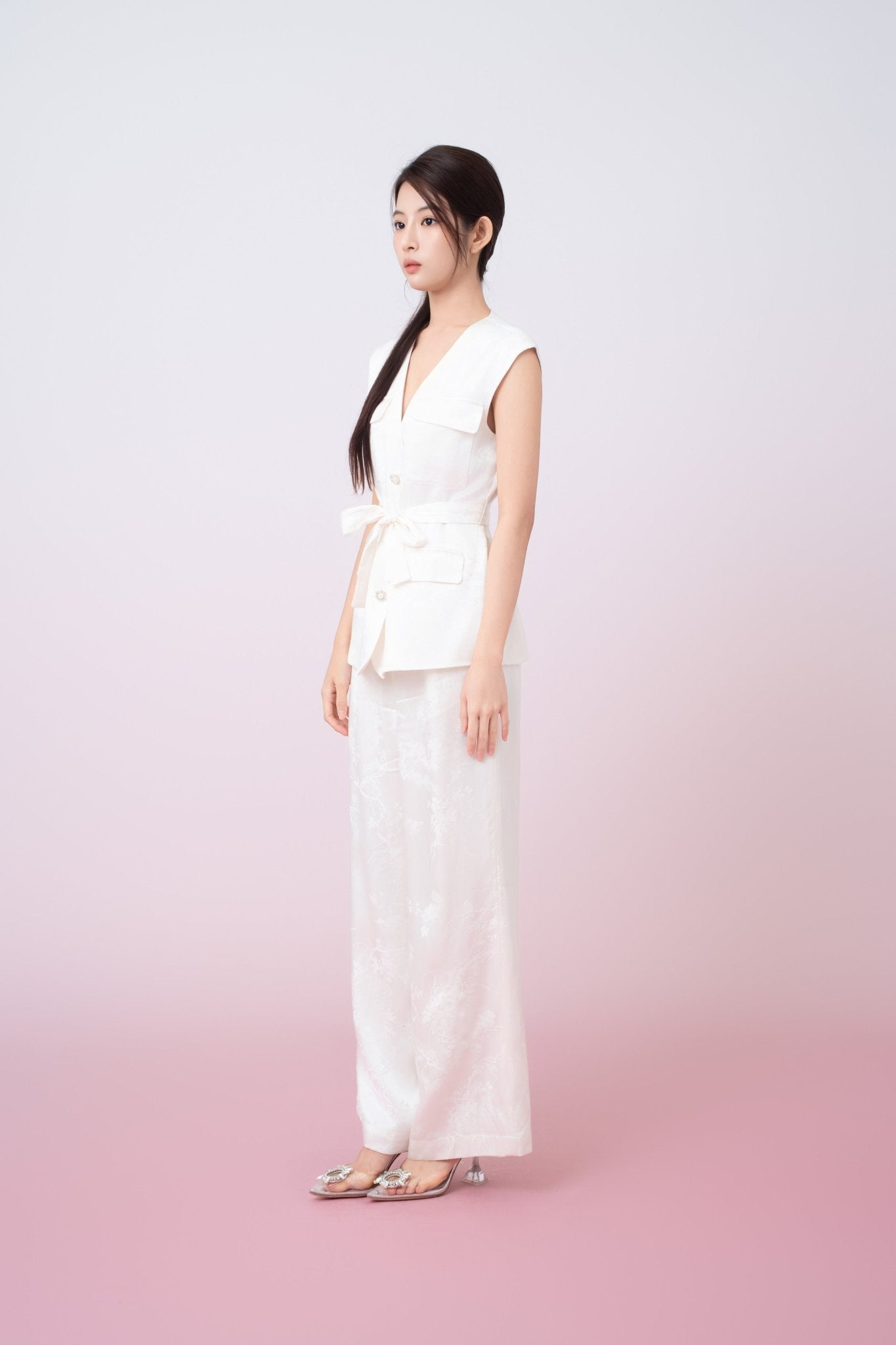 Kamryn Ivory Jacquard Sleeveless Vest Top - Nimisski