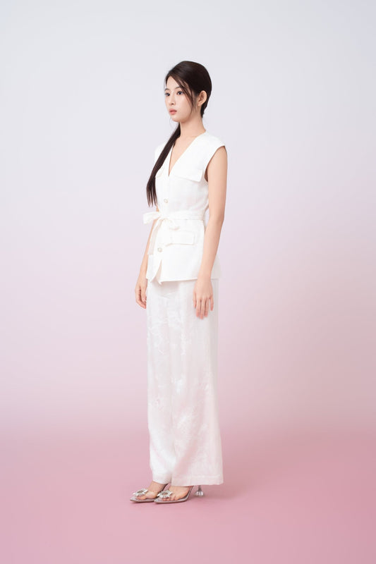 Kamryn Ivory Jacquard Wide Leg Pants - Nimisski