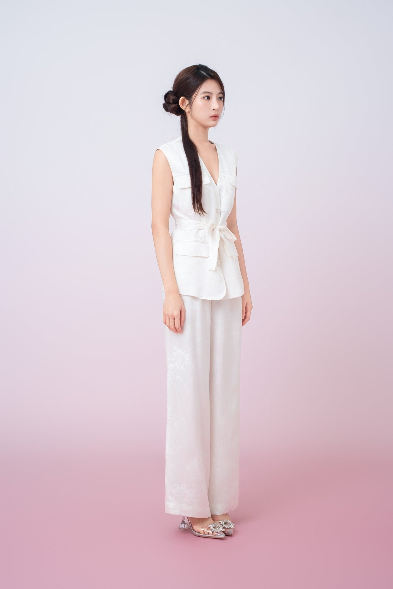 Kamryn Ivory Jacquard Wide Leg Pants - Nimisski