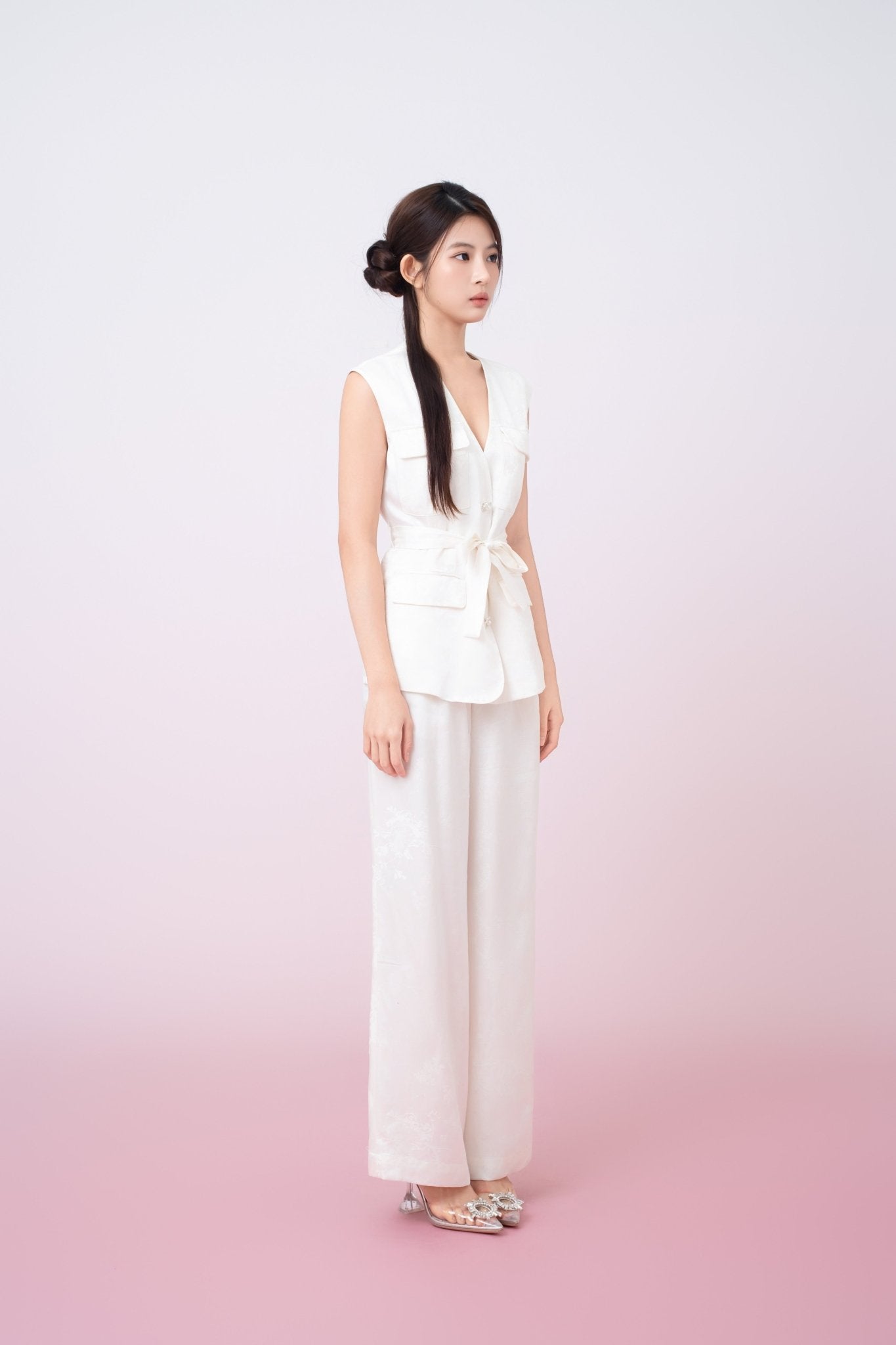 Kamryn Ivory Jacquard Wide Leg Pants - Nimisski