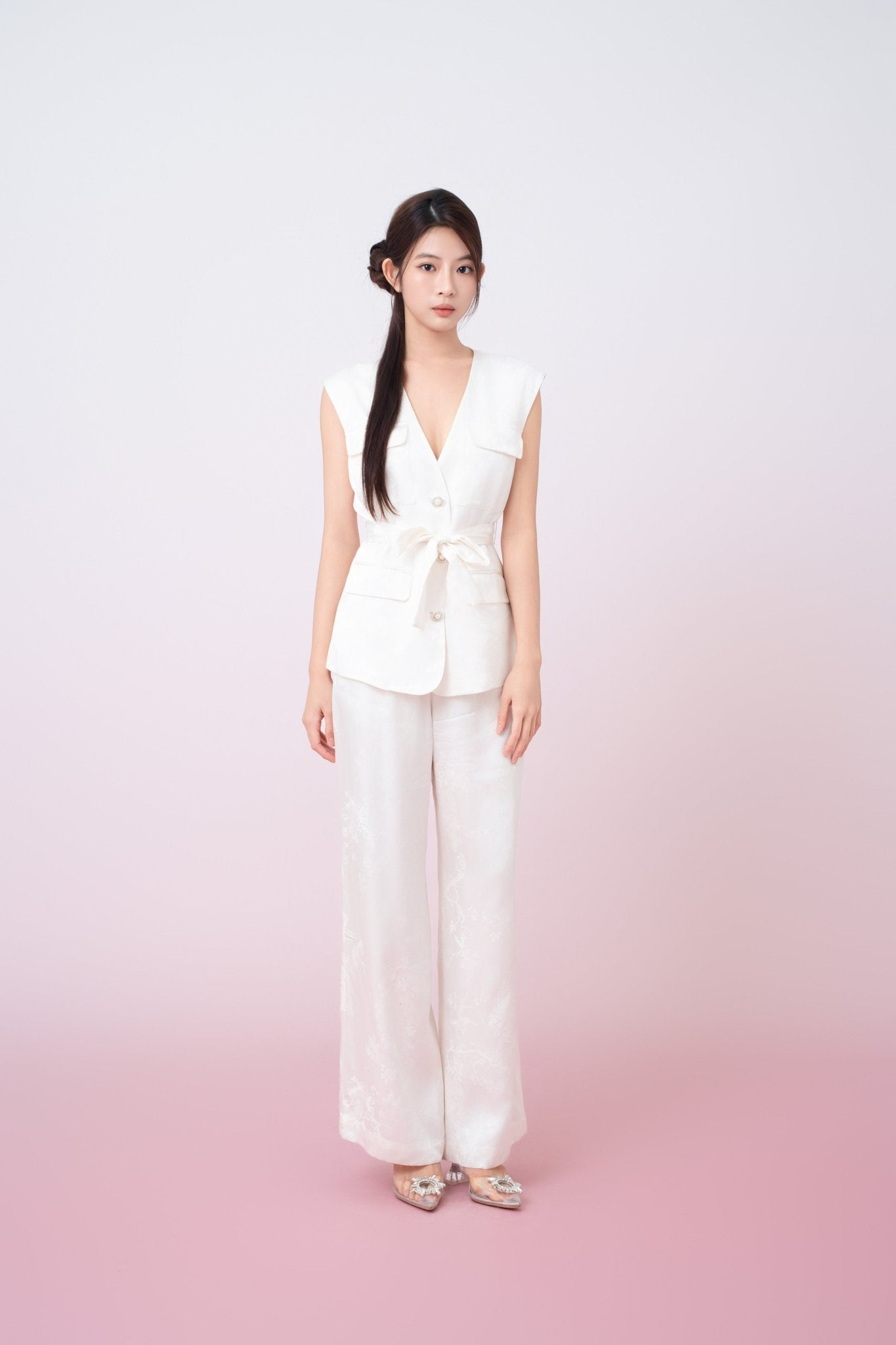 Kamryn Ivory Jacquard Wide Leg Pants - Nimisski