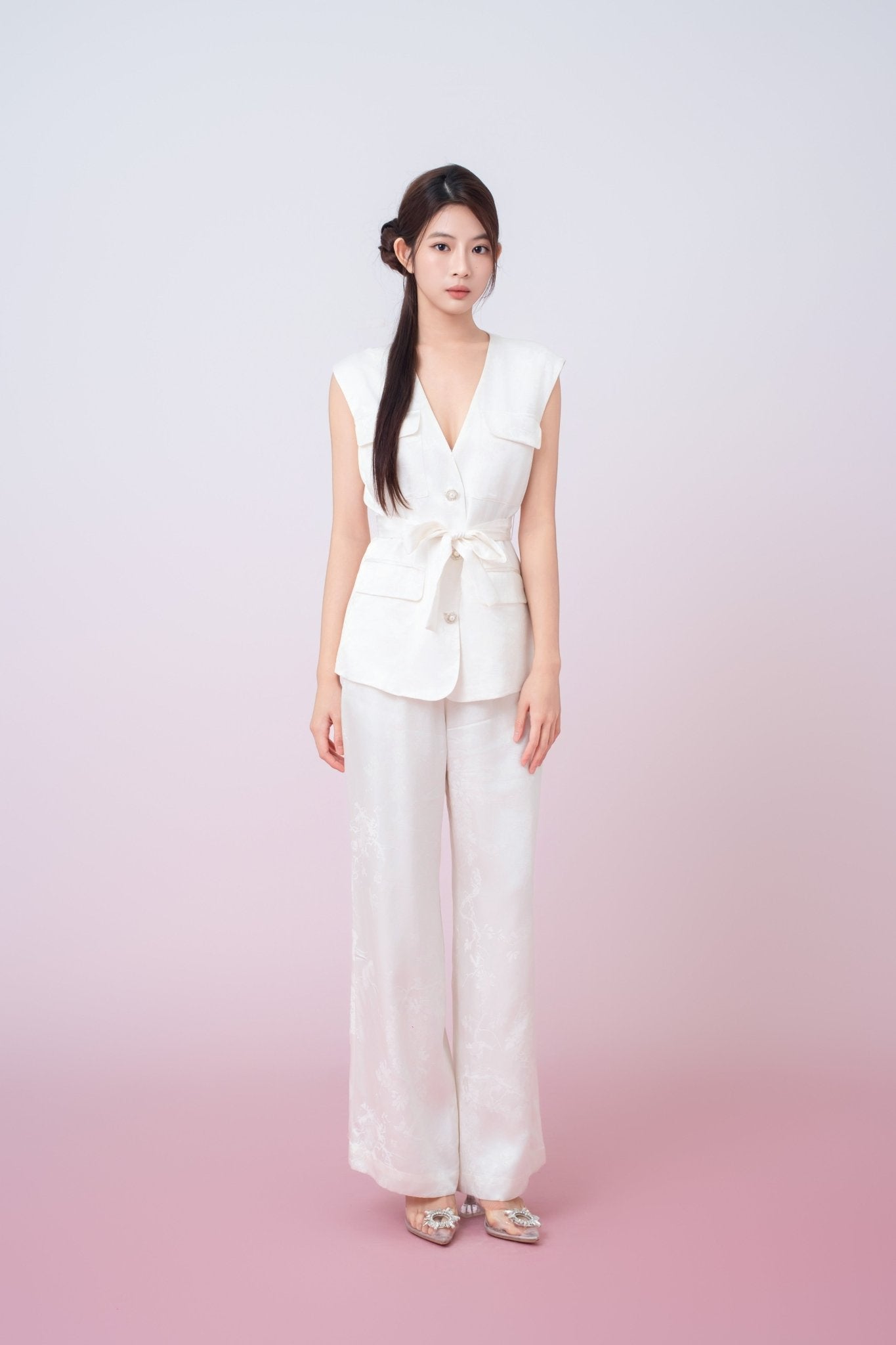 Kamryn Ivory Jacquard Wide Leg Pants - Nimisski